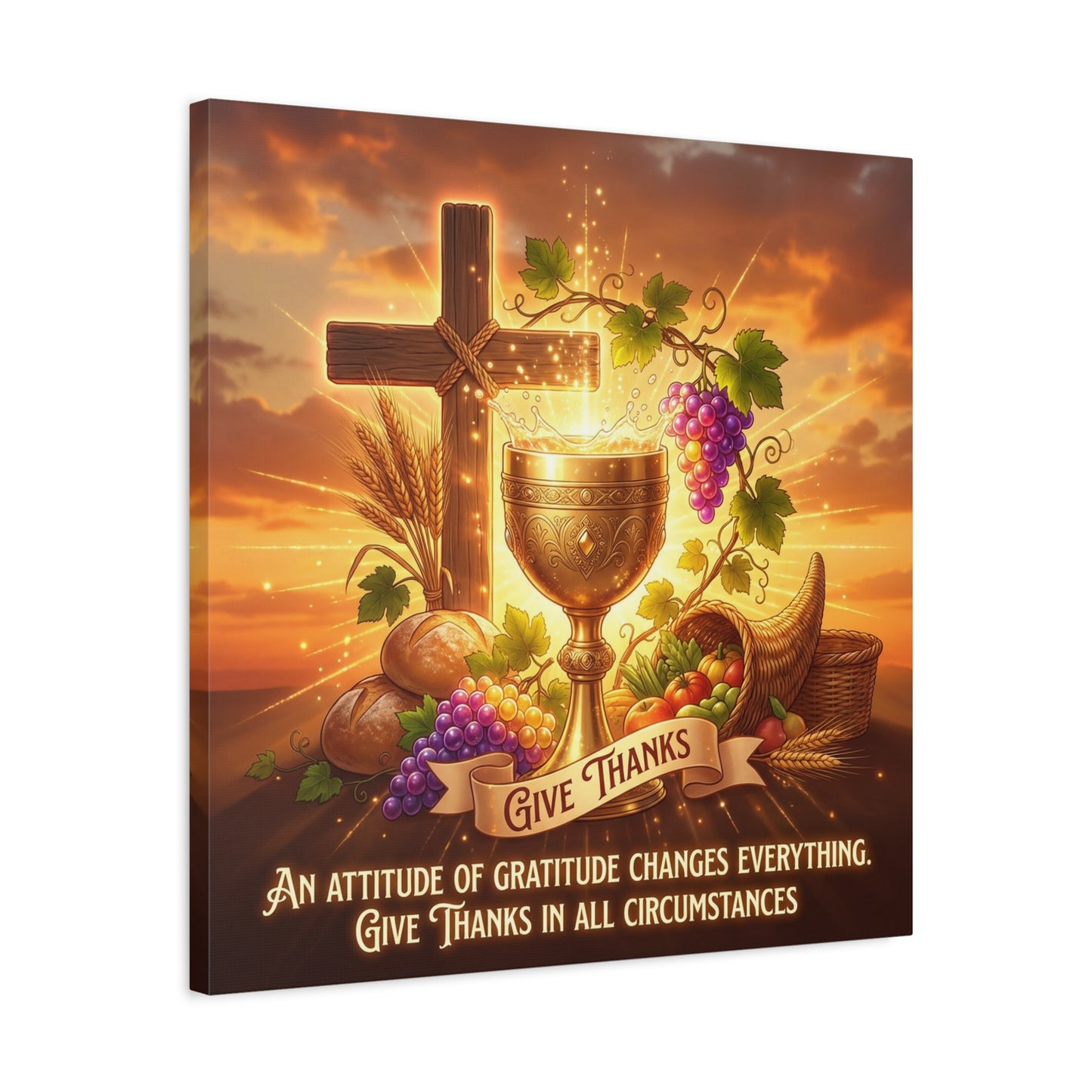 "Give Thanks" Christian Canvas Wall Art - Cross, Communion Chalice, Grapes, Bread - Gratitude Scripture Decor, Matte Cotton Print - Ready to Hang