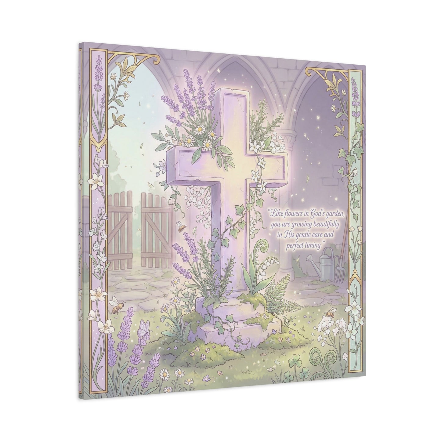 "Like Flowers In God's Garden, You Are Growing Beautifully" Christian Canvas Wall Art - Floral Cross Scripture Decor - Lavender Garden Illustration - Bedroom Home Decoration, Living Room Accent