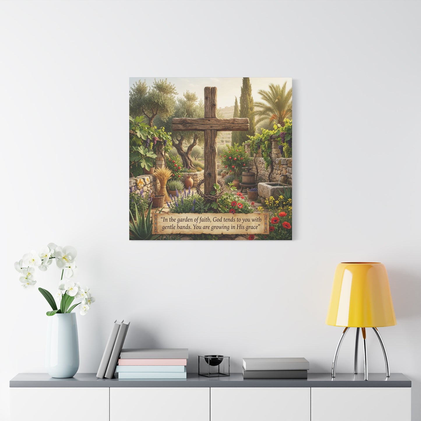 "In The Garden Of Faith, God Tends To You With Gentle Hands. You Are Growing In His Grace" Canvas Wall Art - Rustic Wooden Cross, Christian Garden Scene - Living Room Wall Decor - Ready to Hang