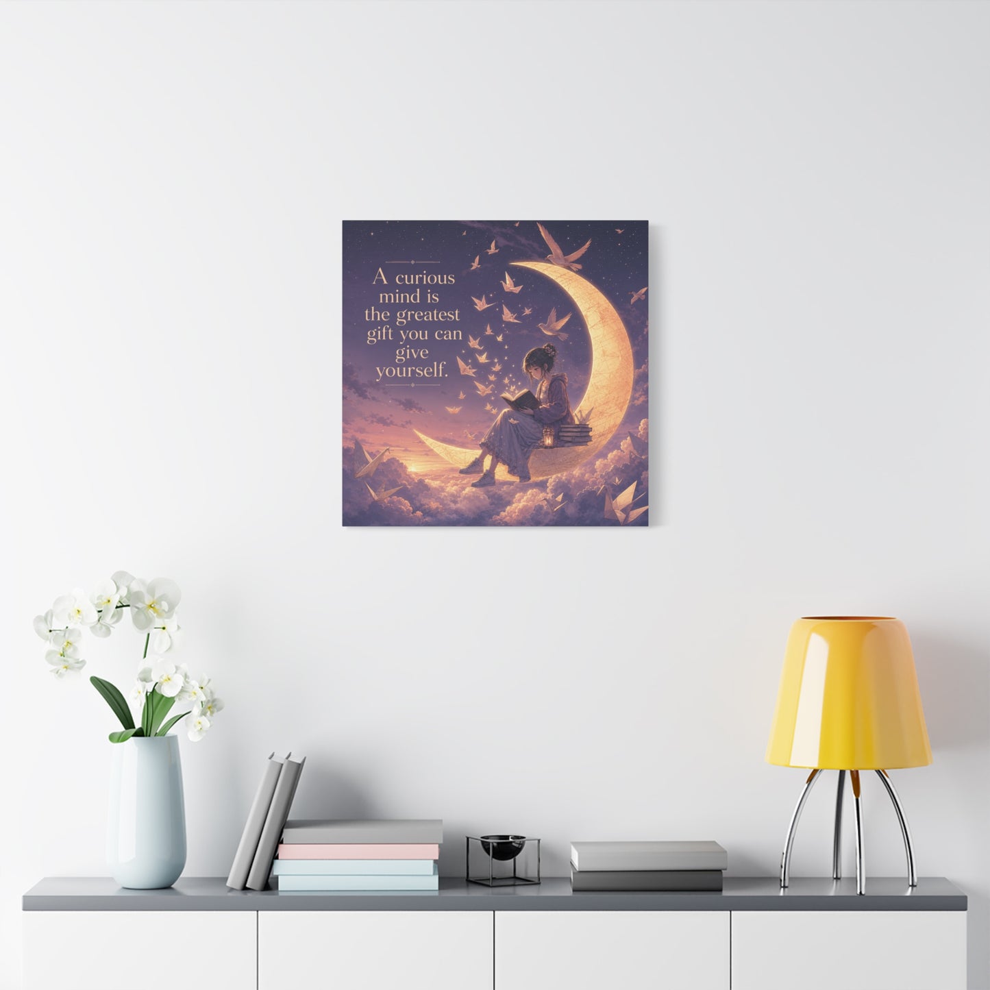 "A Curious Mind Is The Greatest You Can Give Yourself" Canvas Wall Art - Moon Reading Girl Quote Print, Dreamy Celestial Illustration - Bedroom Wall Decor, Home Office Accent - Ready to Hang