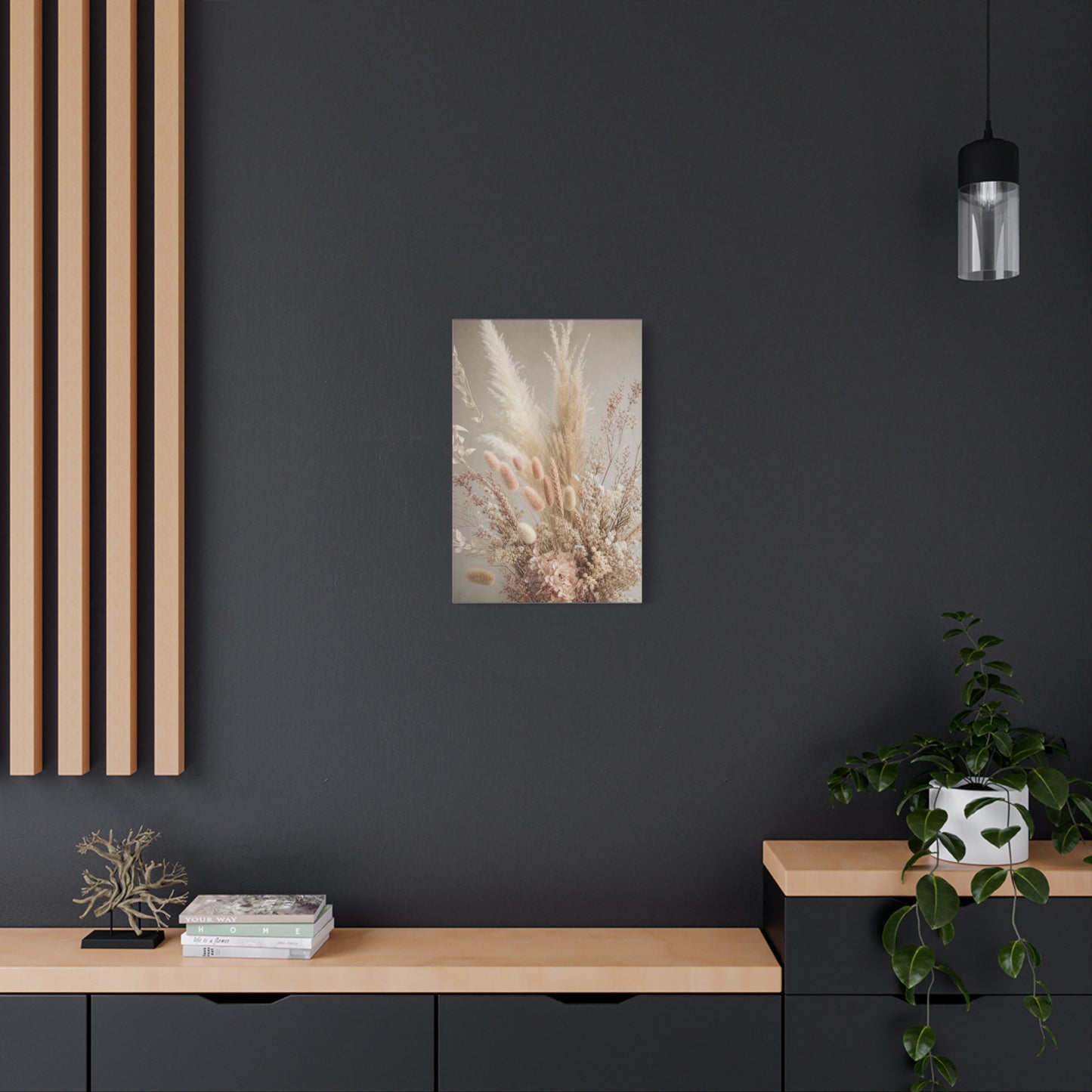 Dried Pampas Grass Floral Canvas Wall Art - Neutral Botanical Bouquet, Blush Bunny Tail Stems, Cotton Canvas Print - Bohemian Farmhouse Style - Bedroom Wall Decor, Spa Accent - Bedroom Home Decoration