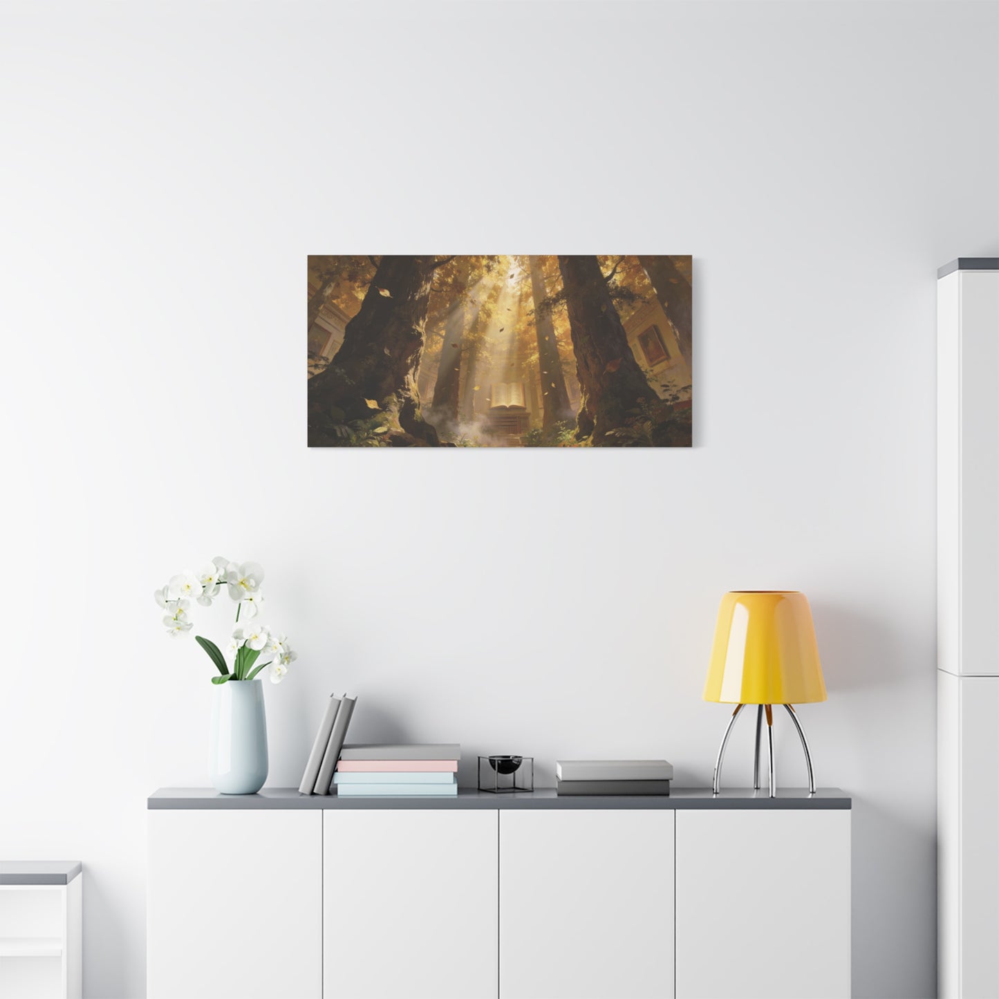 Enchanted Forest Library Canvas Wall Art - Sunbeams, Open Book, Autumn Trees - Matte Cotton Art Print - Fantasy Landscape Style - Living Room Wall Decor, Office Accent - Bedroom Home Decoration