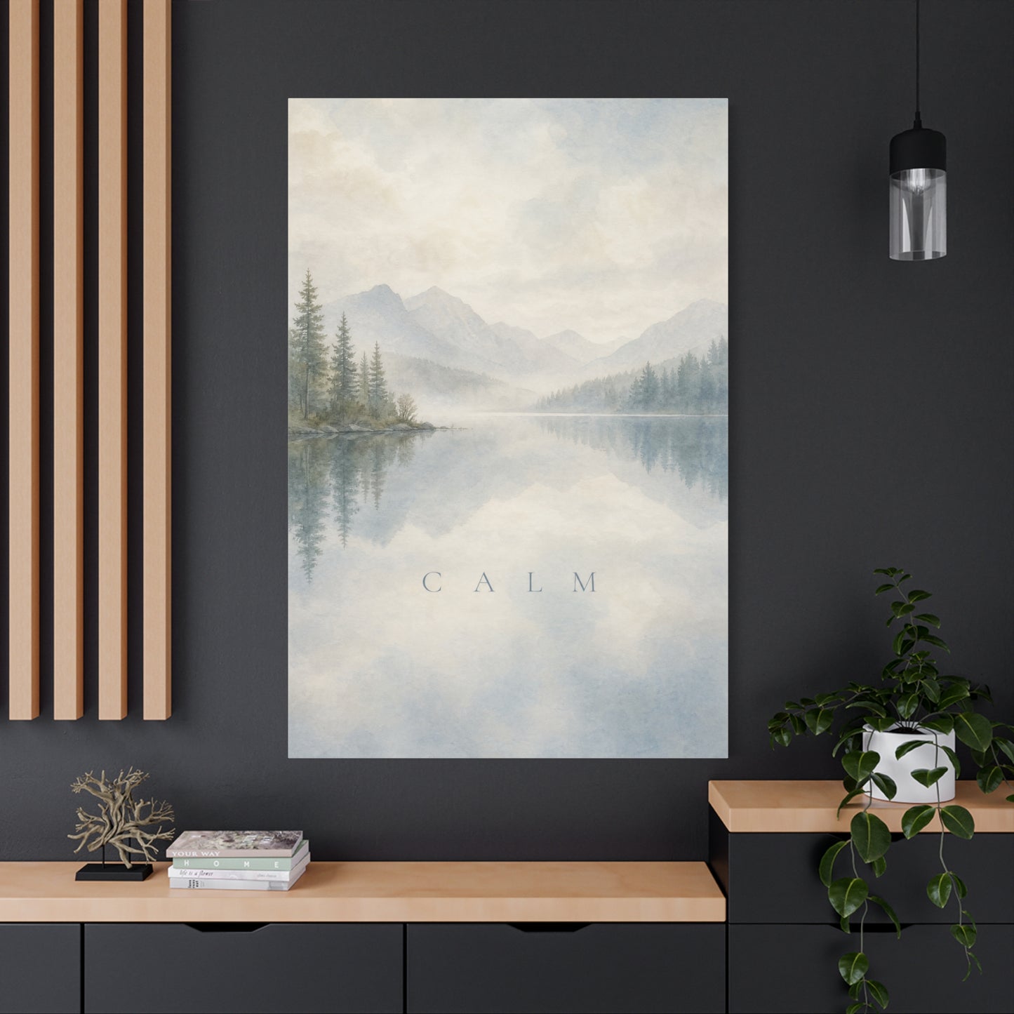 "Calm" Mountain Lake Canvas Wall Art - Misty Pine Forest Reflection Print - Serene Blue Landscape - Minimalist Nature Decor - Bedroom Home Decoration, Meditation Space - Living Room Wall Decor