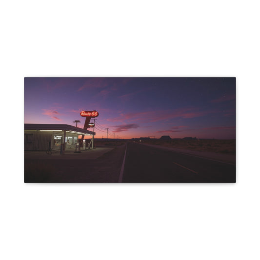 "Route 66" Desert Gas Station Canvas Wall Art - Twilight Roadside Art Print - Purple Pink Sunset Sky, Retro Americana Style - Living Room Wall Decor, Office Art - Bedroom Home Decoration
