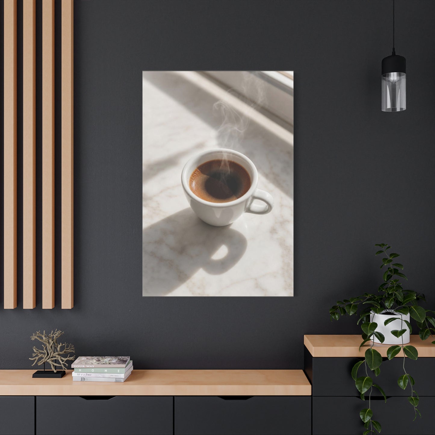 Steaming Espresso Coffee Cup Canvas Wall Art - Minimalist Sunlit Art Print, Matte Cotton Print - Contemporary Kitchen Decor, Dining Room Accent, Cafe Wall Decor, Office Art - Bedroom Home Decoration