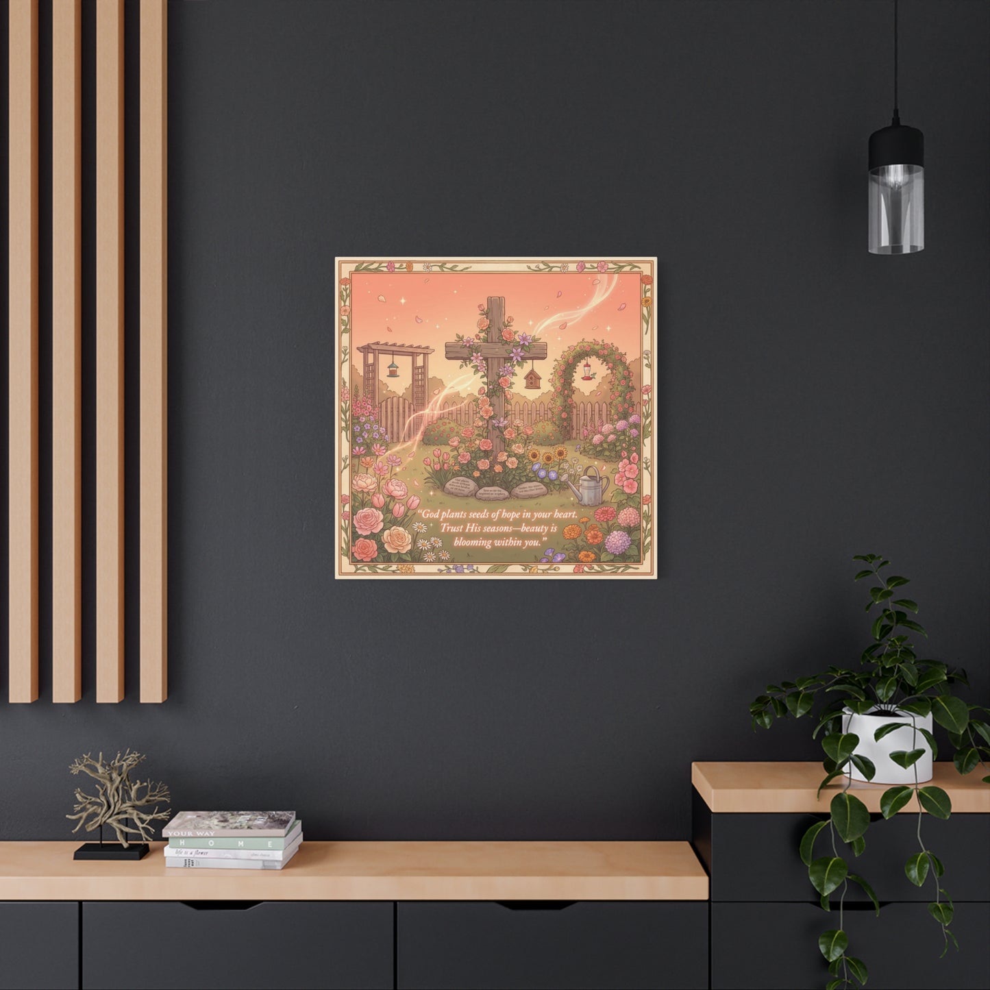 "God Plants Seeds Of Hope In Your Heart" Christian Canvas Wall Art - Floral Cross Garden Scripture Print, Matte Cotton Decor - Inspirational Bedroom Home Decoration, Living Room Accent - Ready to Hang
