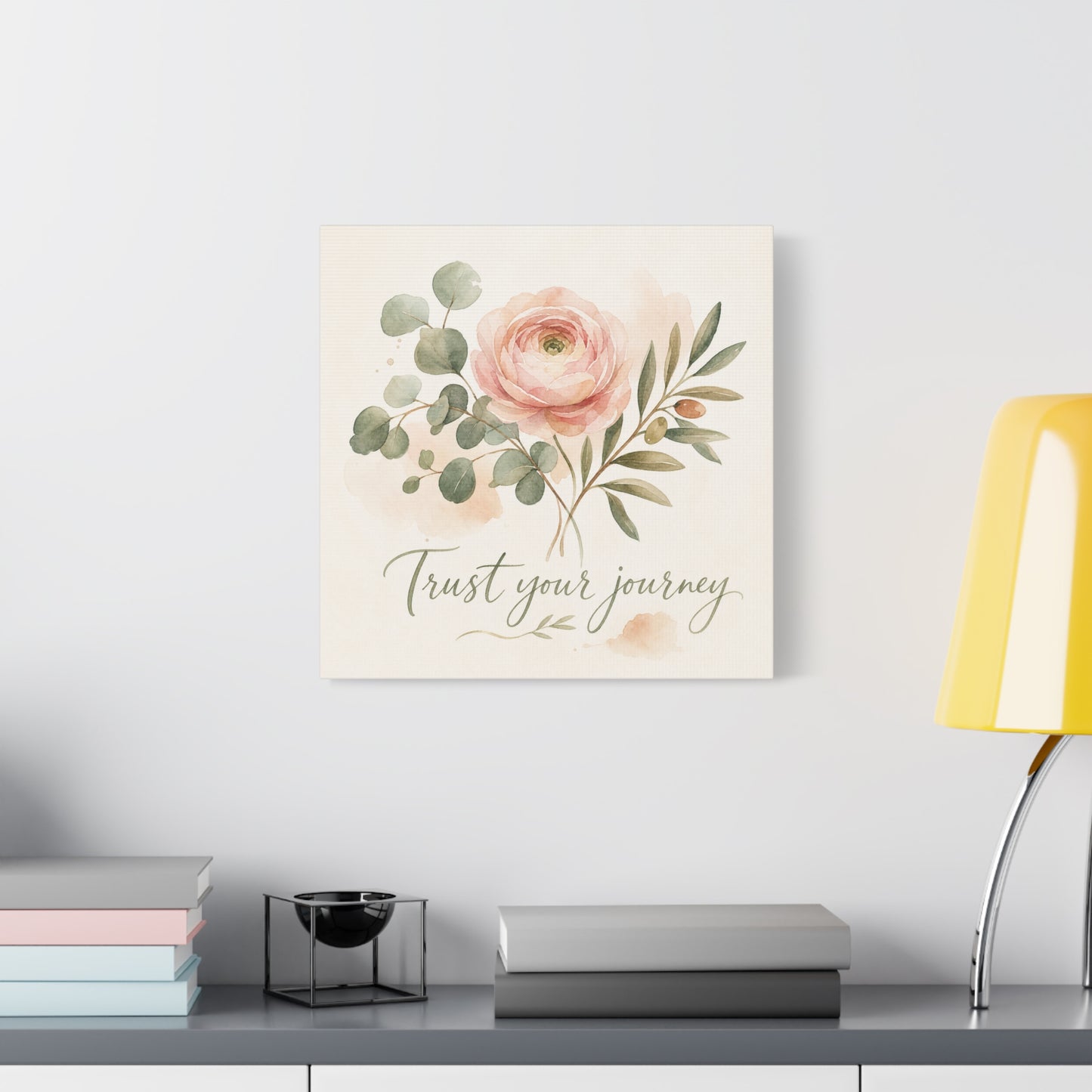 "Trust Your Journey" Floral Canvas Wall Art - Blush Rose, Eucalyptus Botanical Watercolor - Inspirational Home Decor - Bedroom Wall Hanging, Modern Farmhouse Style, Office Accent - Ready to Hang
