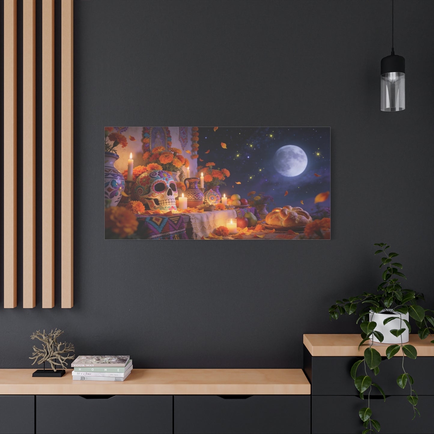 Day Of The Dead Altar Canvas Wall Art - Sugar Skull, Marigolds, Candles, Full Moon - Traditional Folk Style - Living Room Wall Decor, Dining Room Accent, Bedroom Home Decoration - Ready to Hang
