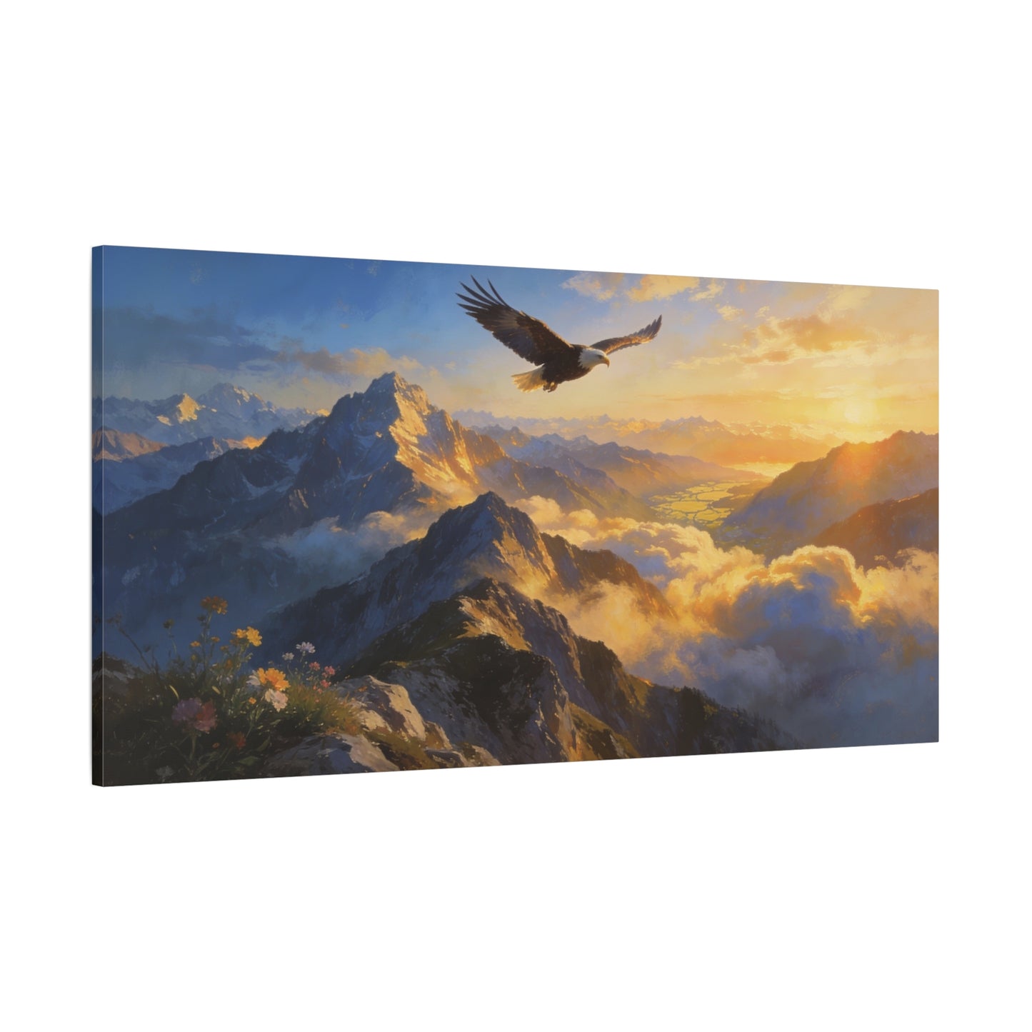 Bald Eagle Canvas Wall Art Mountain Sunrise Landscape - Golden Sky Alpine Peaks, Dramatic Wildlife Vista - Matte Finish Canvas Print - Living Room Wall Decor, Office Art Accent - Ready to Hang