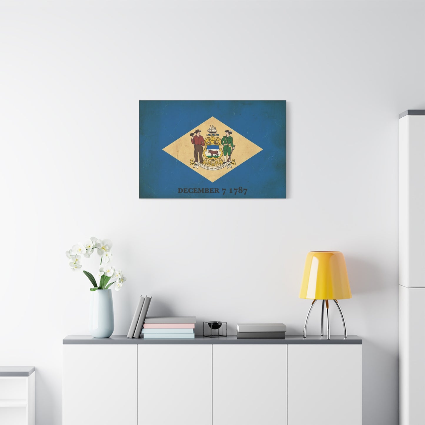Delaware State Flag Canvas Wall Art - "December 7 1787" Vintage Blue Banner Print - Patriotic Historical Decor, Matte Canvas, Living Room Wall Decor, Office Art - Ready to Hang - Ready to Hang
