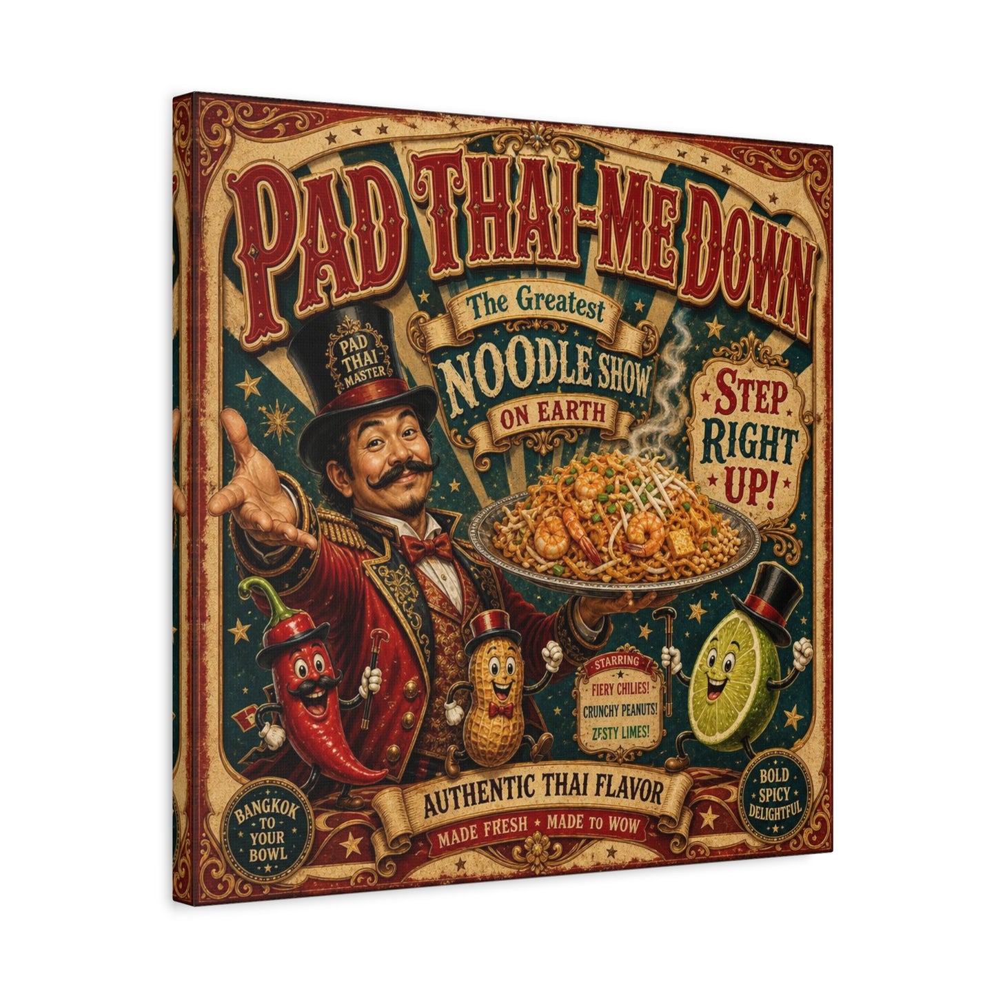 "Pad Thai-Me Down" Canvas Wall Art - Vintage Circus Noodle Poster, Typography Illustration, Whimsical Restaurant Decor, Cafe Wall Decor, Retro Kitchen Accent, Matte Canvas Print - Ready to Hang
