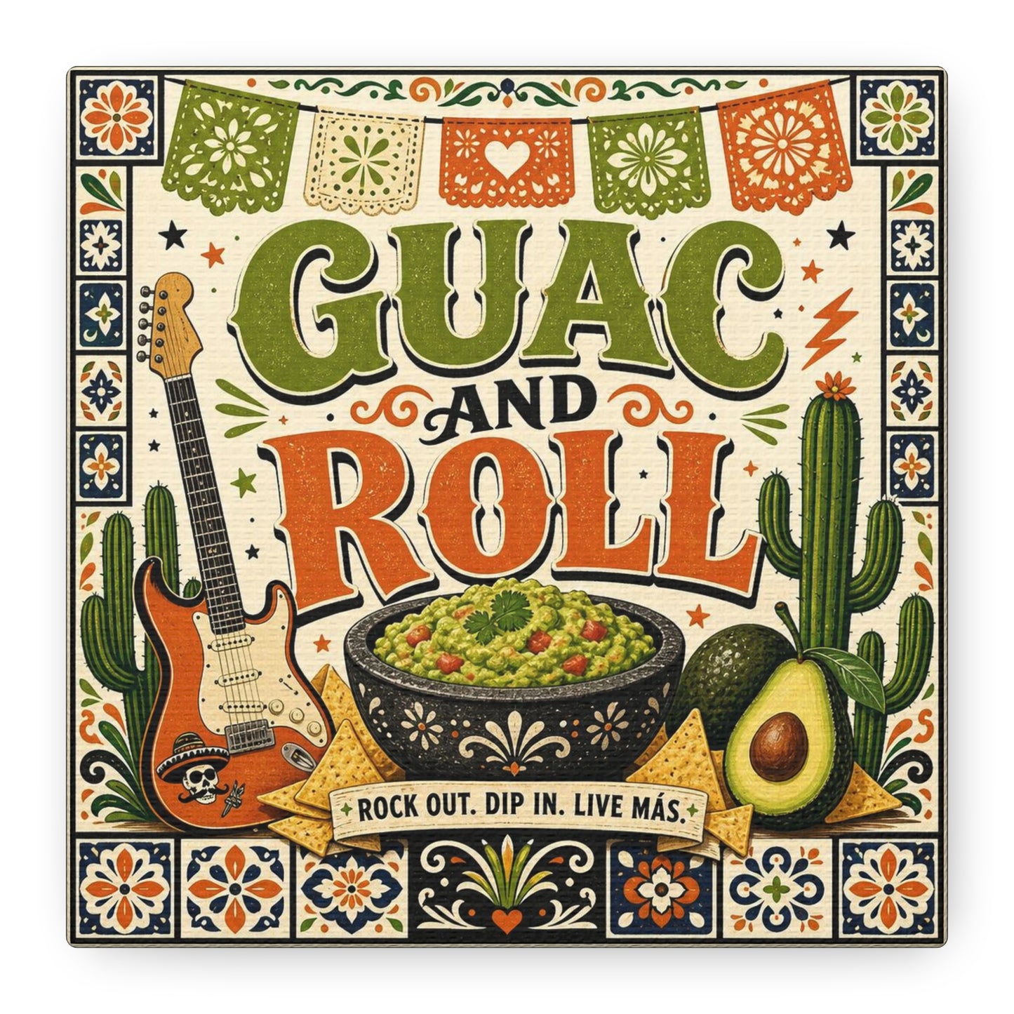 "Guac And Roll" Typography Canvas Wall Art - Fiesta Guitar, Cactus, Avocado Folk Illustration - Bohemian Rustic Style - Kitchen Wall Decor, Dining Room Accent, Cafe Wall Decor - Modern Farmhouse Style