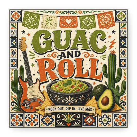 "Guac And Roll" Typography Canvas Wall Art - Fiesta Guitar, Cactus, Avocado Folk Illustration - Bohemian Rustic Style - Kitchen Wall Decor, Dining Room Accent, Cafe Wall Decor - Modern Farmhouse Style