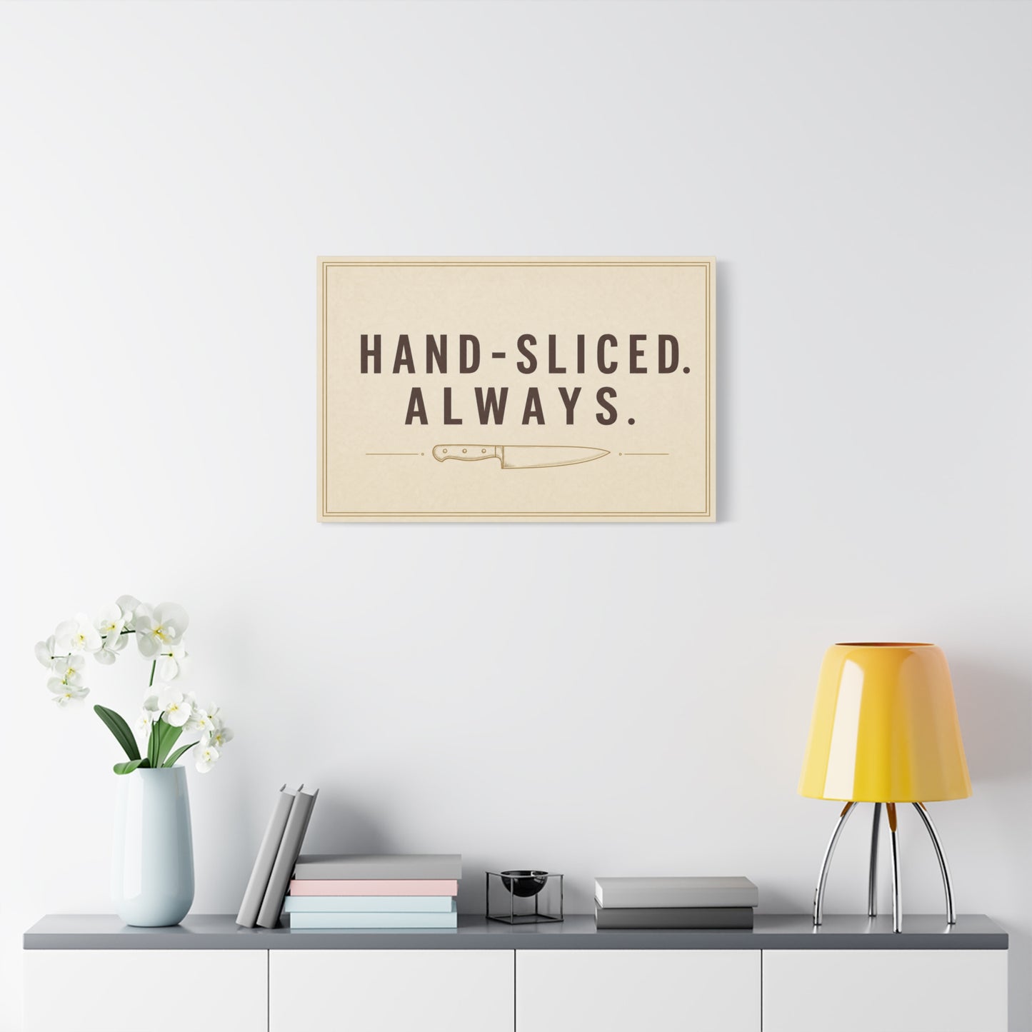 "Hand-Sliced. Always." Kitchen Canvas Wall Art - Vintage Knife Typography Print - Rustic Farmhouse Wall Decor, Dining Room Home Decoration, Funny Kitchen Sign - Bedroom Home Decoration - Ready to Hang