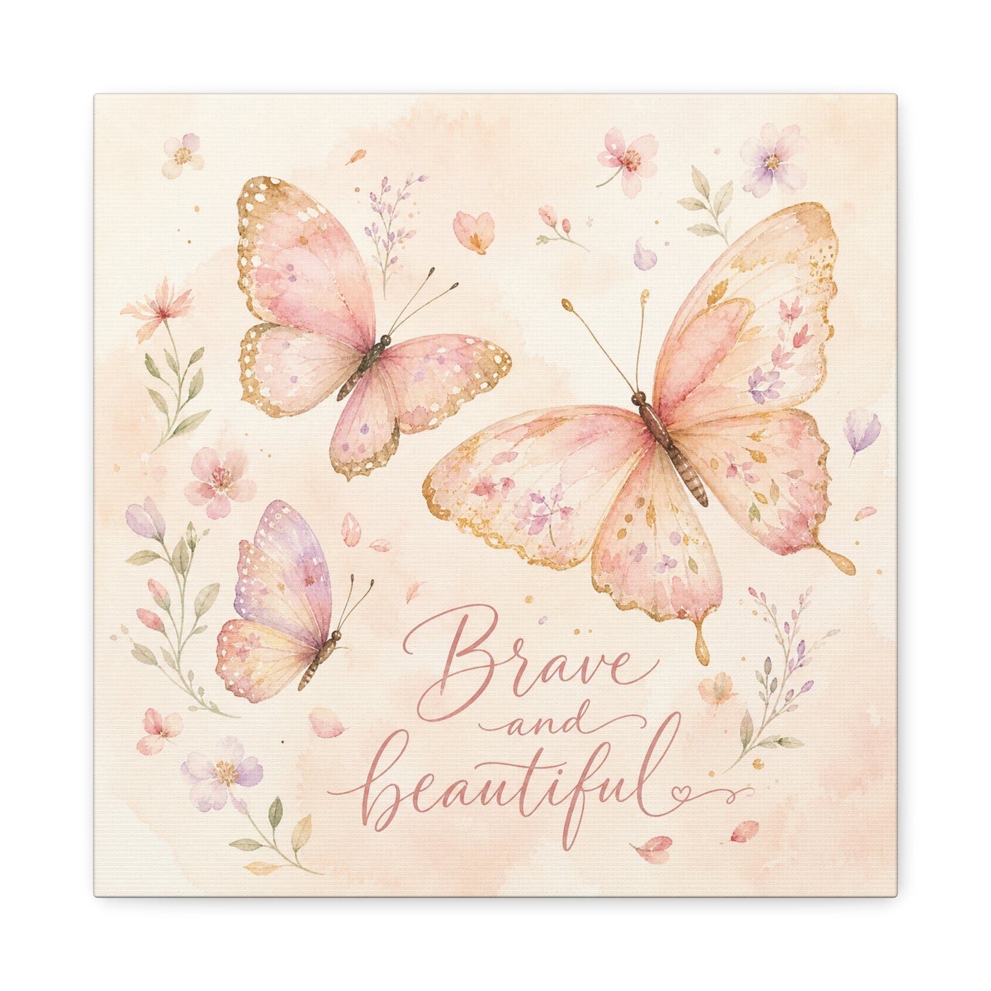 "Brave And Beautiful" Butterfly Canvas Wall Art - Pink Floral Watercolor Quote Print - Inspirational Girls Bedroom Decor - Nursery Wall Hanging - Bedroom Home Decoration - Modern Farmhouse Style