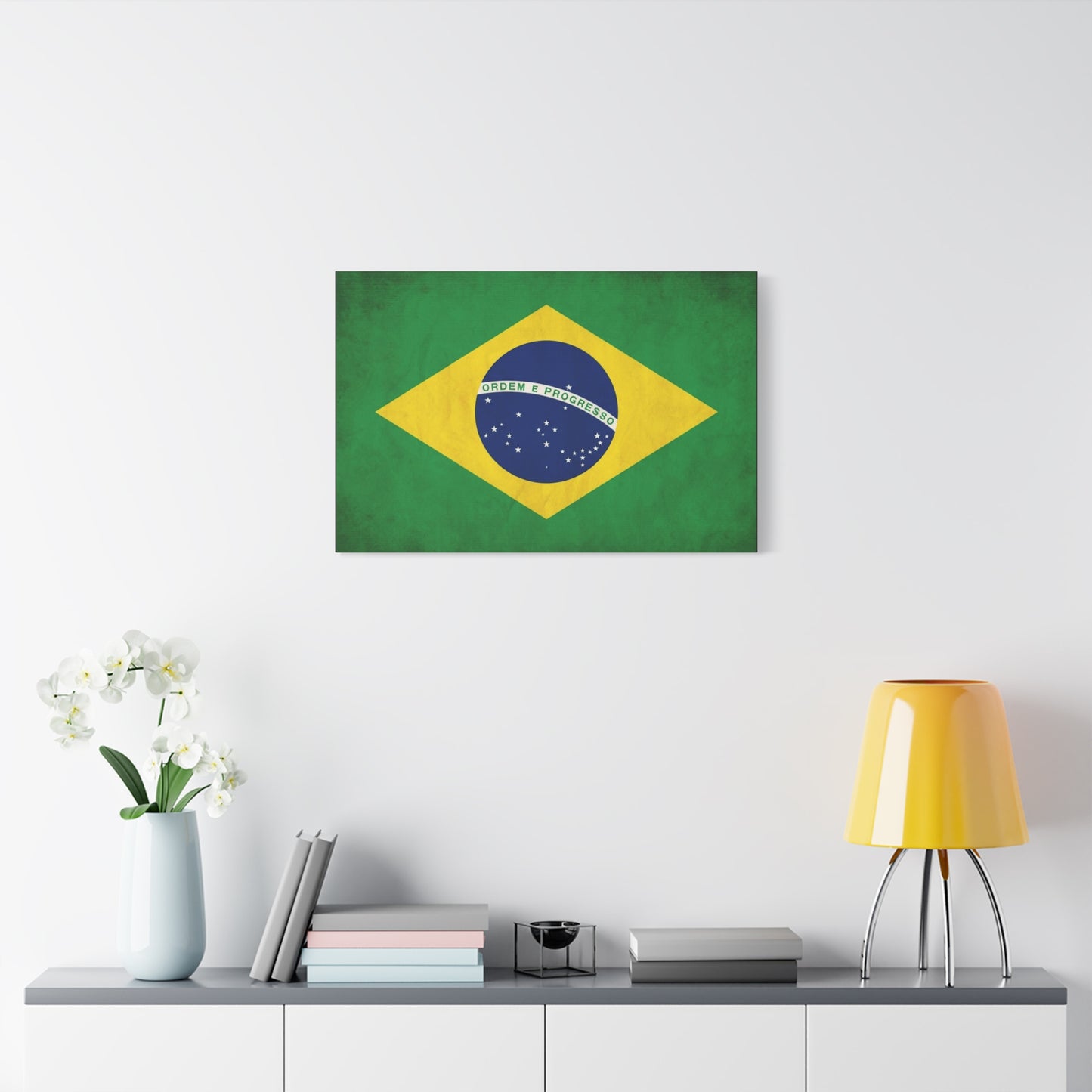 "Ordem E Progresso" Brazil Flag Canvas Wall Art - Brazilian Flag Wall Decor, Vintage National Pride Print - Green Yellow Blue Typography Style - Living Room Bedroom Office Decoration - Ready to Hang
