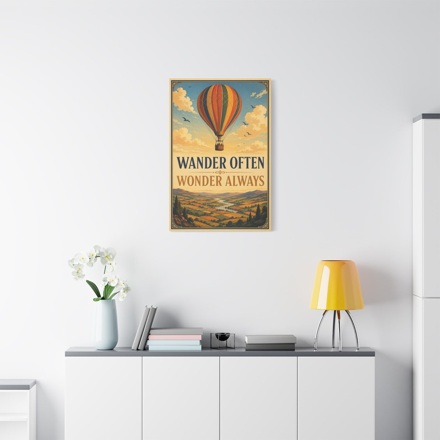 "Wander Often Wonder Always" Hot Air Balloon Canvas Wall Art - Vintage Travel Landscape Quote Print, Retro Sky Poster Style, Living Room Wall Decor - Ready to Hang - Bedroom Home Decoration