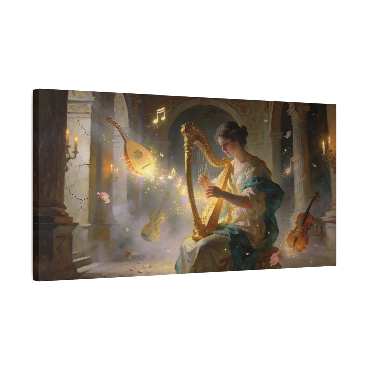 Woman Playing Harp Canvas Wall Art - Romantic Music Painting, Glowing Notes, Violin And Lute - Matte Cotton Print - Traditional Style, Living Room Wall Decor, Bedroom Accent - Bedroom Home Decoration