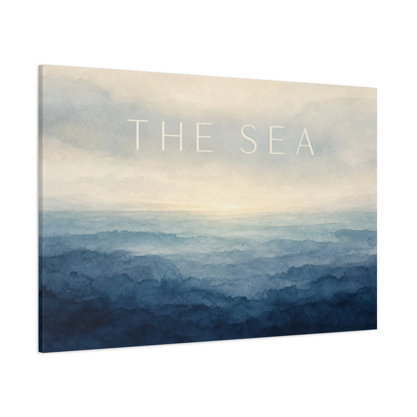 "The Sea" Coastal Canvas Wall Art - Blue Ocean Horizon Watercolor Typography Print - Serene Minimalist Seascape Decor - Bedroom Wall Hanging, Living Room Home Decoration, Meditation Space
