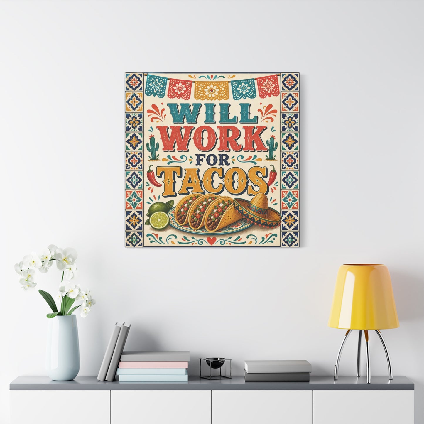 "Will Work For Tacos" Canvas Wall Art - Talavera Tile Typography, Papel Picado, Cactus And Taco Illustration - Fiesta Style Cotton Print - Kitchen Decor, Dining Room Accent, Cafe Interior