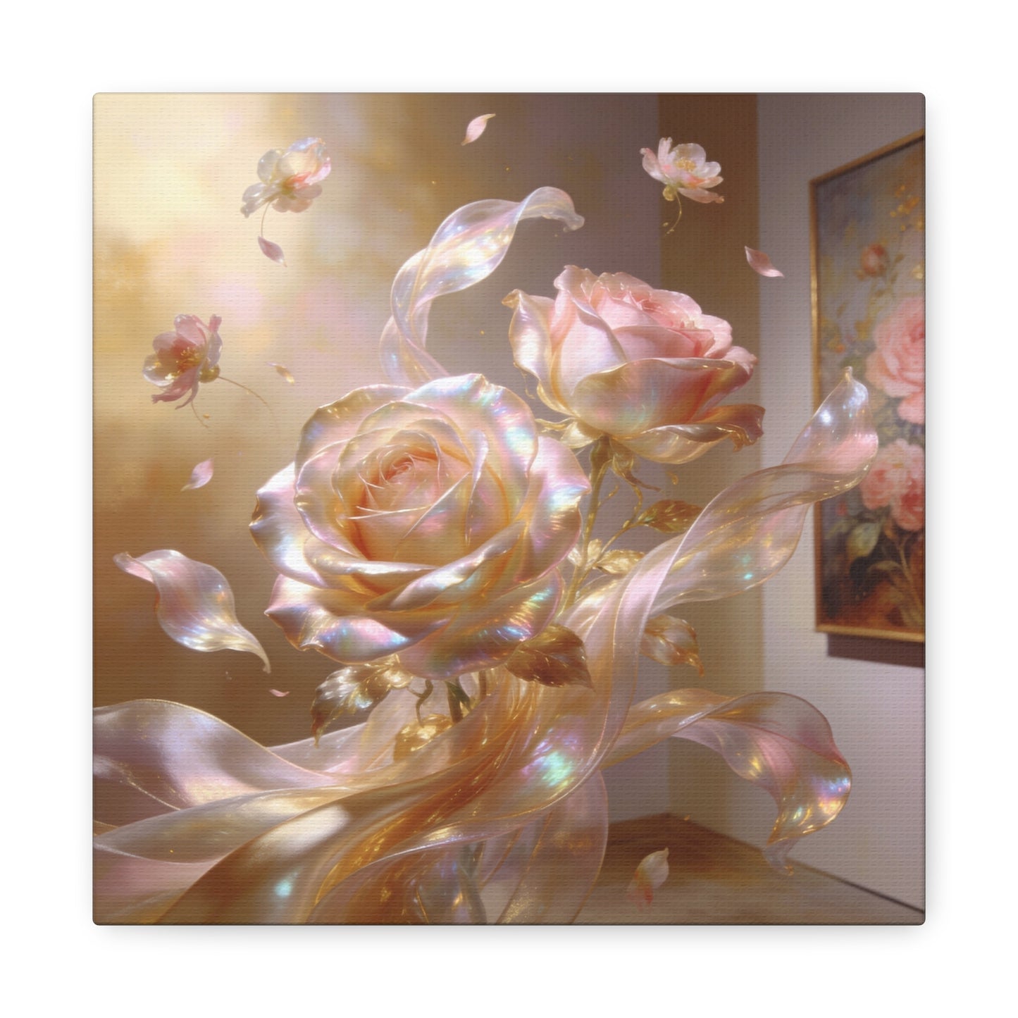 Iridescent Pink Rose Canvas Wall Art - Pearlescent Floral Wall Decor, Dreamy Botanical Home Decoration - Luminous Matte Canvas Print - Romantic Contemporary Style, Bedroom Accent - Ready to Hang