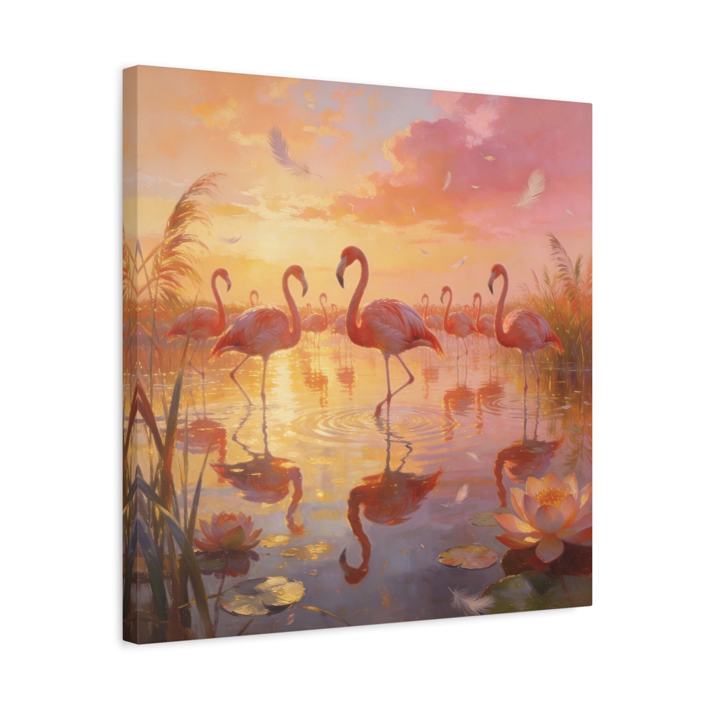 Pink Flamingo Canvas Wall Art - Sunset Wetland Birds, Lotus Pond Reflections - Dreamy Tropical Illustration, Matte Canvas Print - Living Room Wall Decor, Bedroom Home Decoration - Ready to Hang