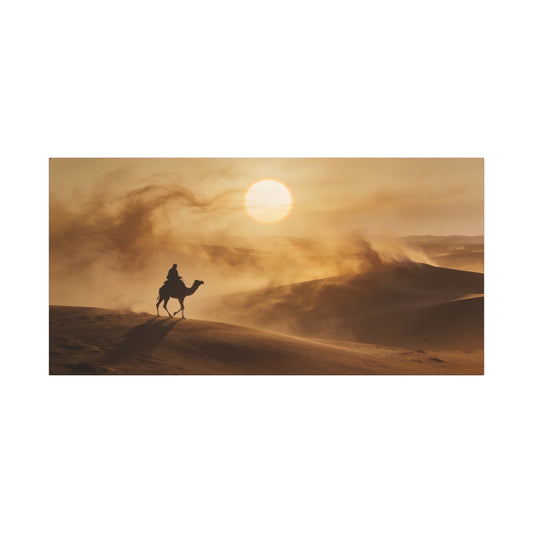 Desert Camel Rider Canvas Wall Art - Golden Sun Sand Dunes Landscape Print - Matte Cotton Artwork, Contemporary Style - Living Room Wall Decor, Bedroom Home Decoration - Bedroom Home Decoration