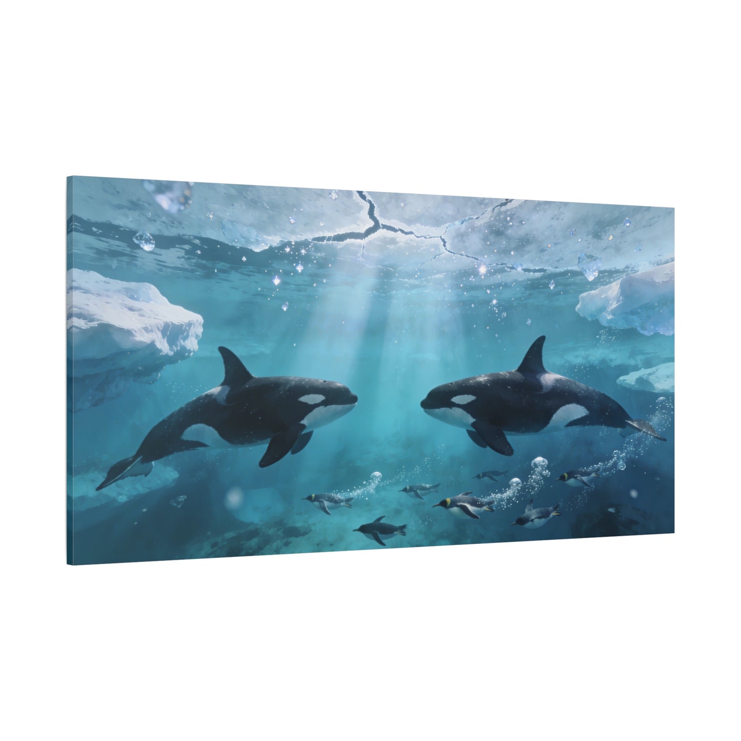 Orca Whale Canvas Wall Art - Arctic Ocean Underwater Scene, Penguins, Sea Ice - Coastal Wildlife Decor - Matte Canvas Print - Living Room Wall Decor, Bedroom Home Decoration - Bedroom Home Decoration