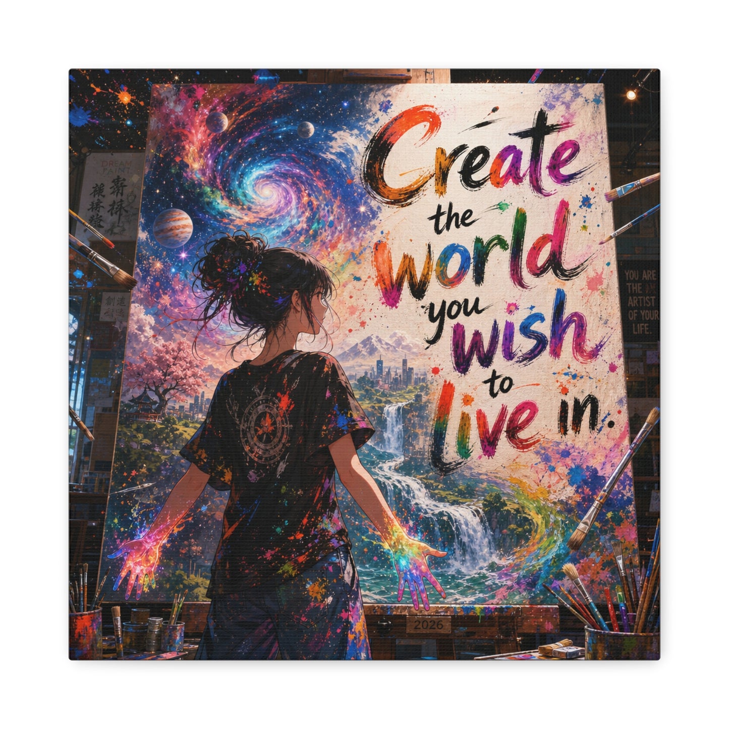 "Create The World You Wish To Live In" Inspirational Canvas Wall Art - Colorful Cosmic Artist Girl Quote Print - Modern Typography Decor - Bedroom Home Decoration, Creative Office Accent