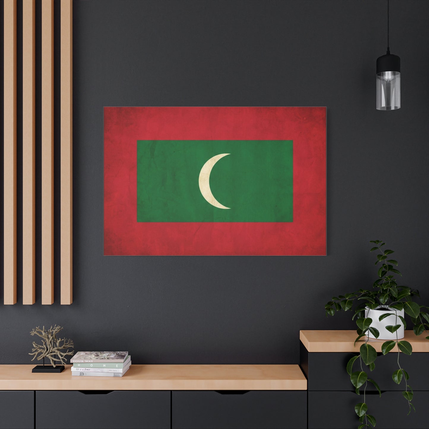 Maldives Flag Canvas Wall Art - Vintage National Banner Print, Red Green White Crescent - Patriotic Typography Style - Living Room Wall Decor, Bedroom Home Decoration - Bedroom Home Decoration