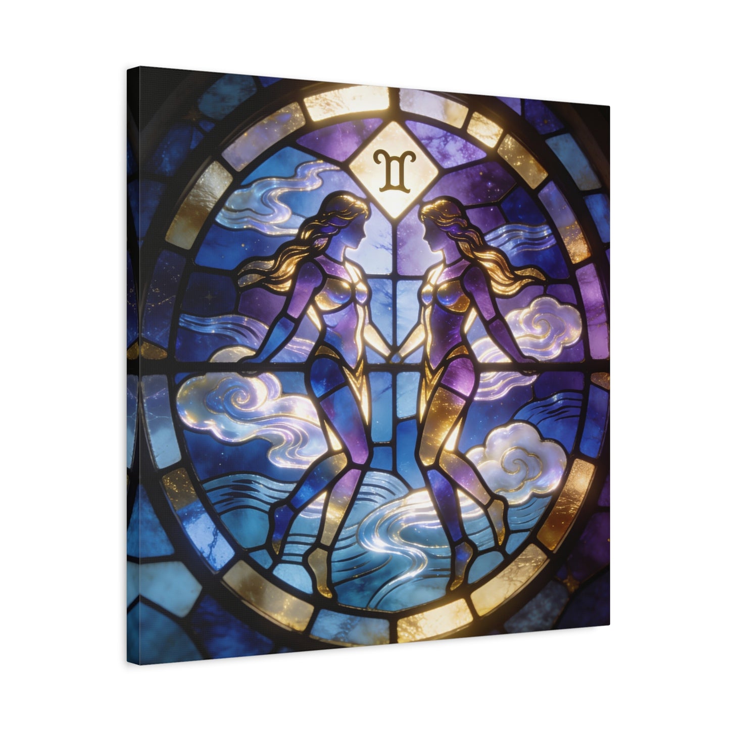 Gemini Zodiac Canvas Wall Art - Stained Glass Twin Women Celestial Print, Blue Purple Gold Astrology Decor - Modern Mystical Artwork - Bedroom Home Decoration Office Wall Art - Bedroom Home Decoration
