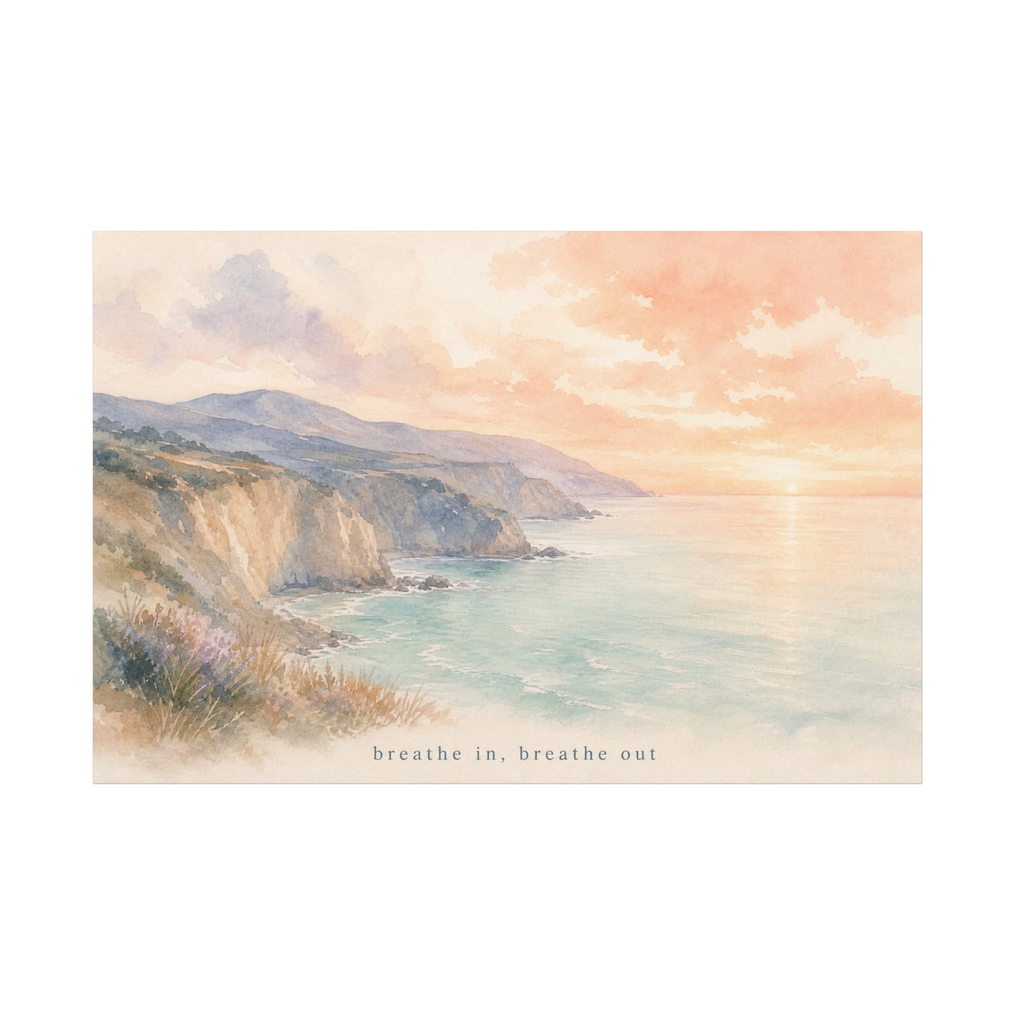 "Breathe In, Breathe Out" Coastal Sunset Canvas Wall Art - Watercolor Cliff Seascape, Jellyfish Room Decor, Serene Beach Landscape Print - Bedroom Home Decoration, Meditation Space - Office Wall Art