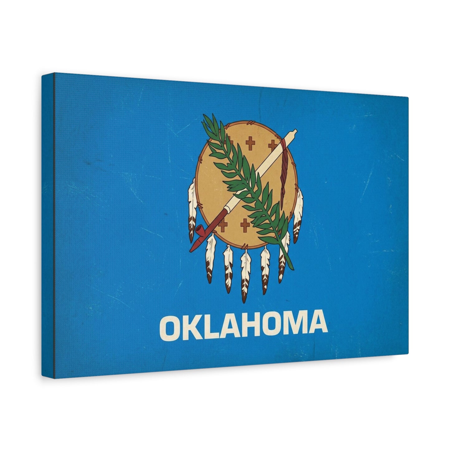 "OKLAHOMA" State Flag Canvas Wall Art - Vintage Blue Shield, Olive Branch And Peace Pipe Print - Rustic Americana Style - Living Room Decor, Office Wall Accent - Ready to Hang - Modern Farmhouse Style