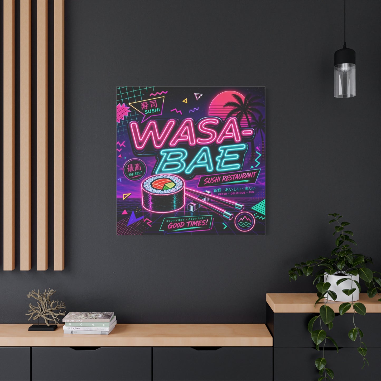 "WASA-BAE" Sushi Canvas Print - Neon Japanese Restaurant Sign, Retro Vaporwave Illustration - Matte Cotton Decor, Cafe Wall Accent, Dining Space Artwork, Lounge Interior Style - Office Wall Art