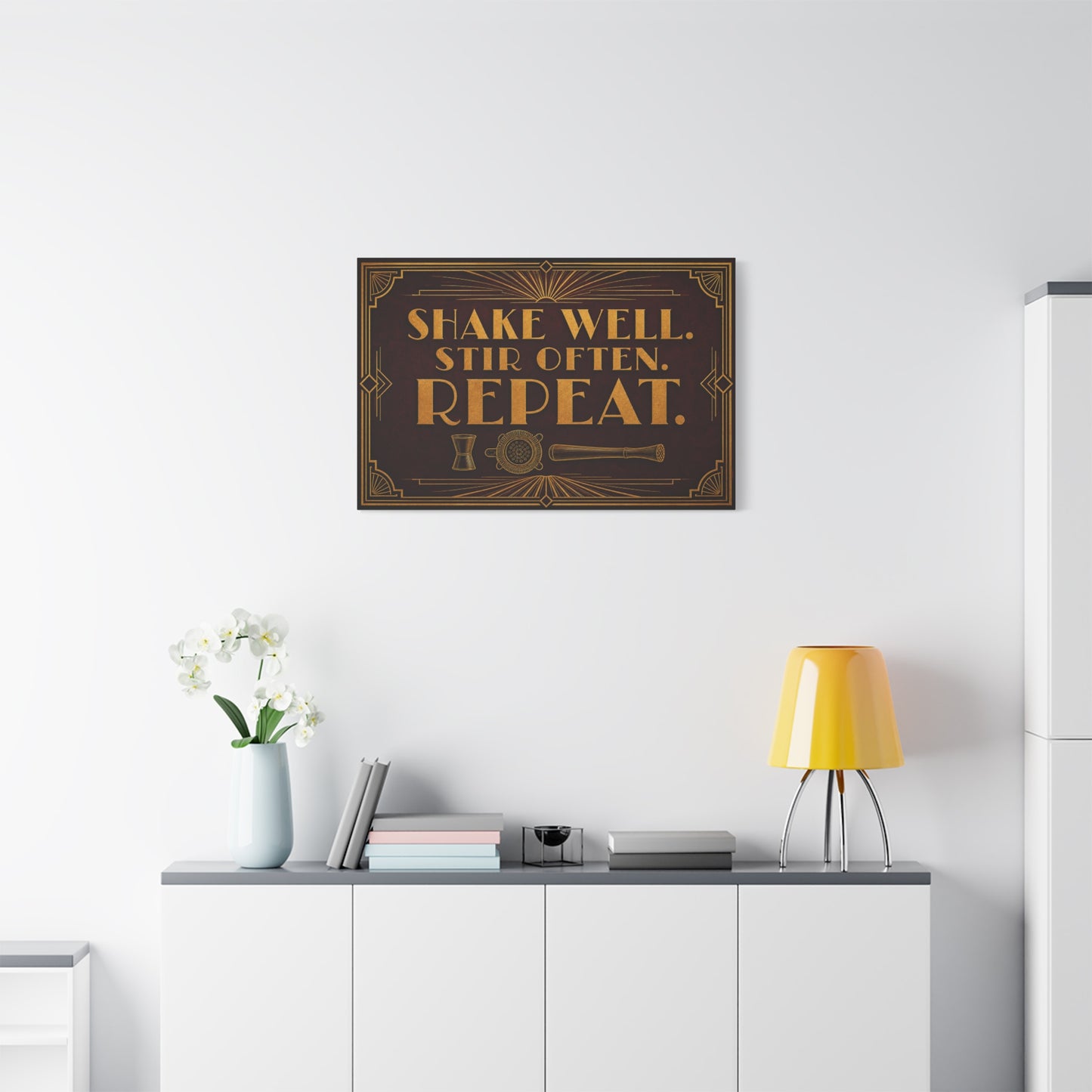"Shake Well. Stir Often. Repeat." Cocktail Canvas Wall Art - Art Deco Bar Quote Print, Vintage Gold Typography, Speakeasy Lounge Decor, Home Bar Decoration - Ready to Hang - Tavern Wall Decor