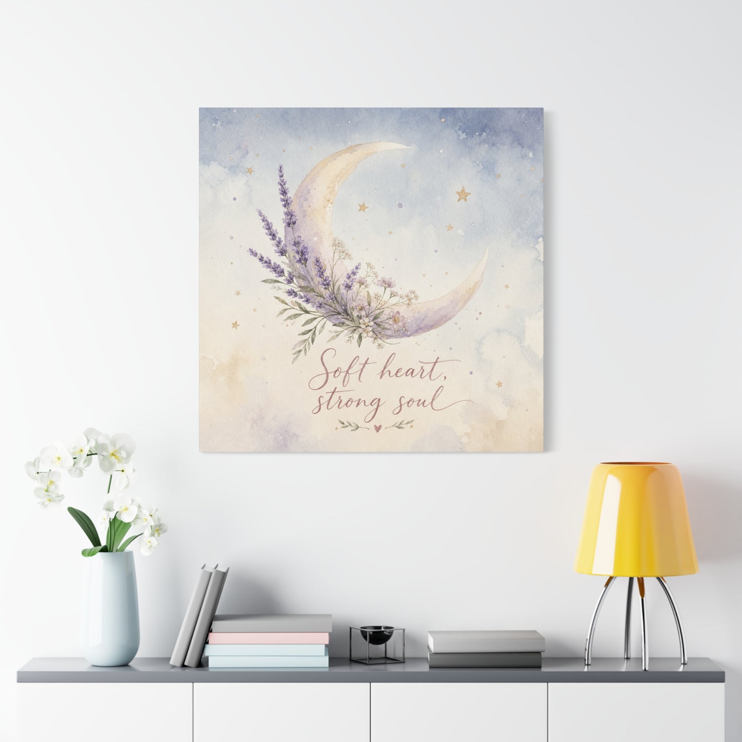 "Soft Heart, Strong Soul" Moon Canvas Wall Art - Lavender Floral Celestial Quote Print - Watercolor Nursery Bedroom Decor - Bohemian Home Decoration - Office Wall Art - Bedroom Home Decoration