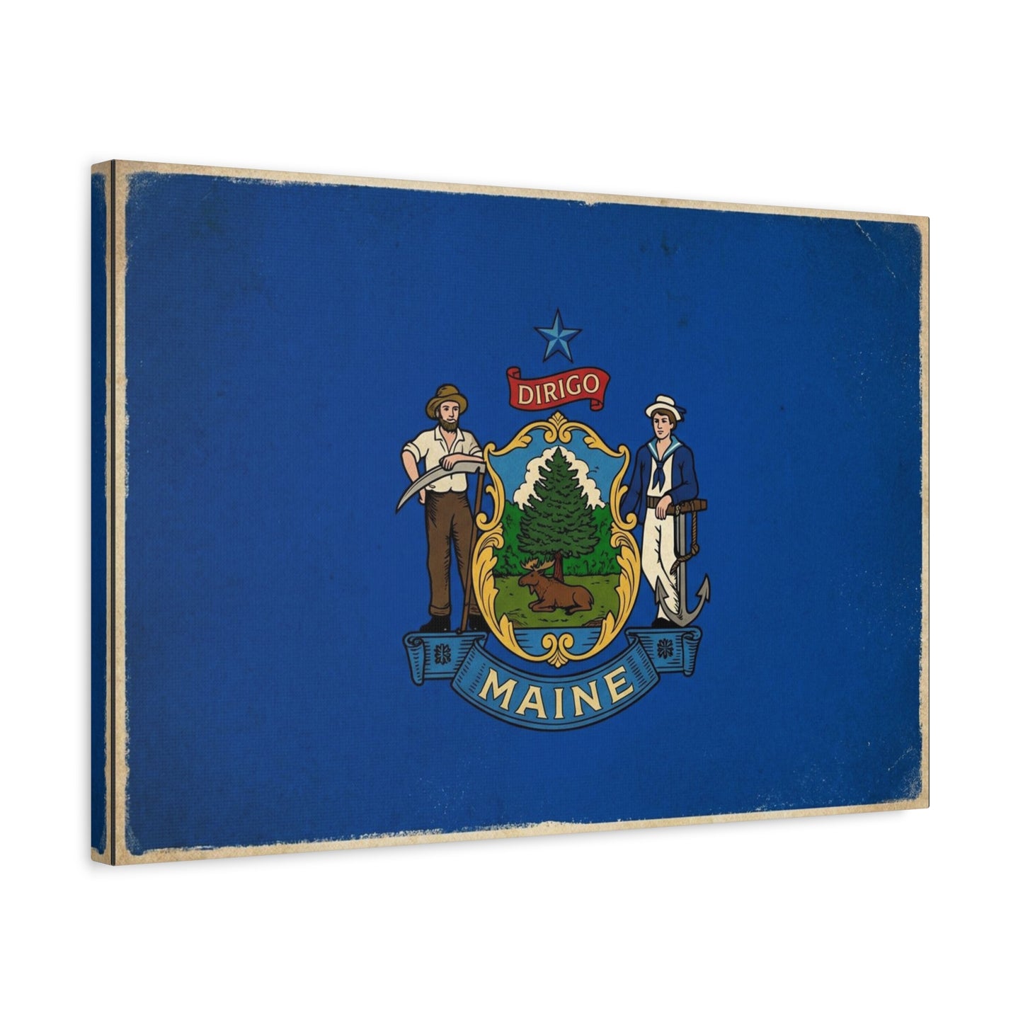 Maine State Flag Canvas Wall Art - Dirigo Vintage Blue Flag Print, Rustic Patriotic Decor - Distressed Illustration Style - Living Room Wall Decor, Office Art Accent - Bedroom Home Decoration