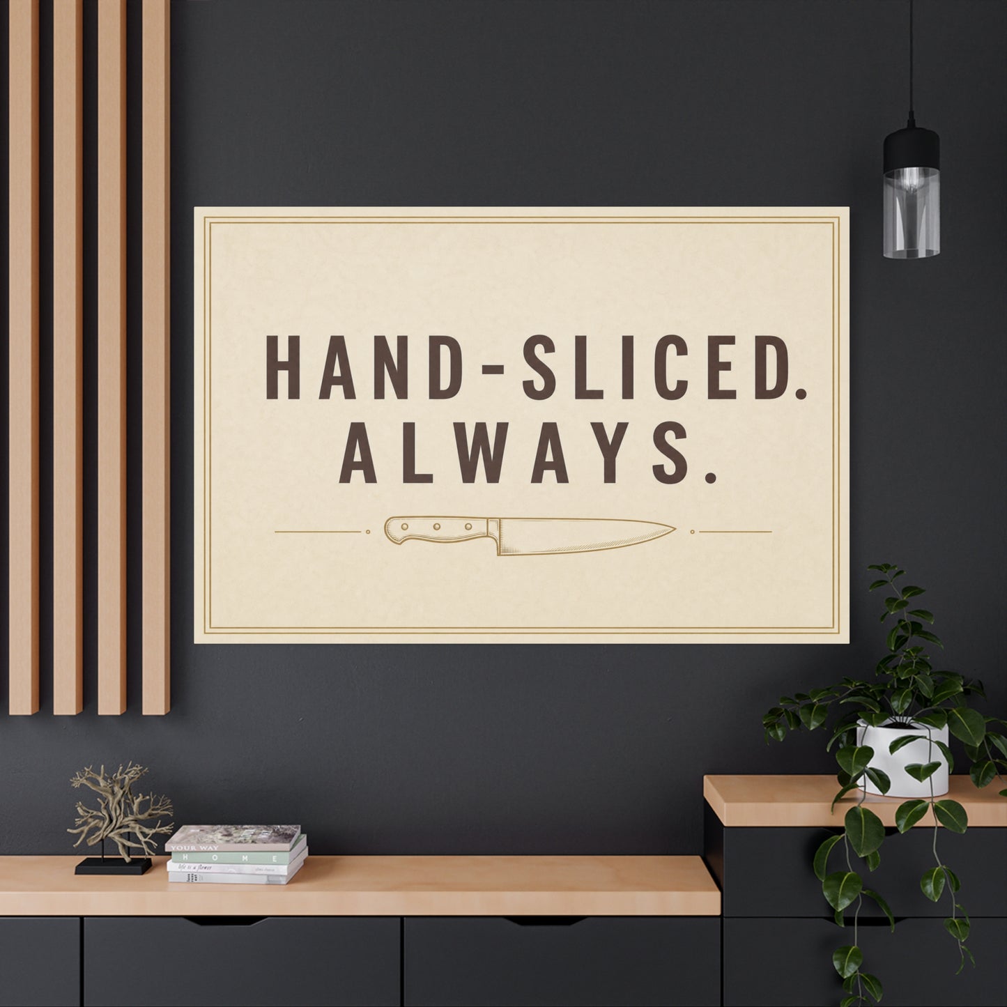 "Hand-Sliced. Always." Kitchen Canvas Wall Art - Vintage Knife Typography Print - Rustic Farmhouse Wall Decor, Dining Room Home Decoration, Funny Kitchen Sign - Bedroom Home Decoration - Ready to Hang
