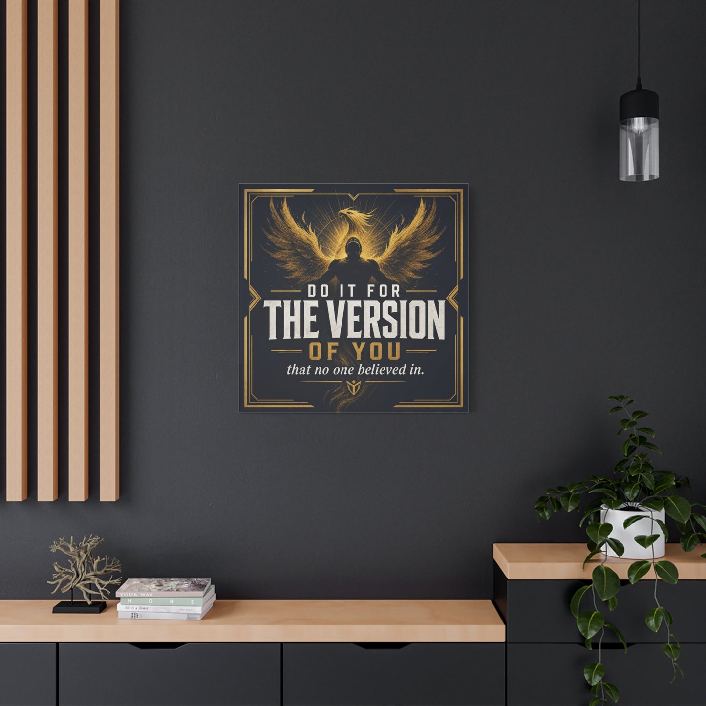 "Do It For The Version Of You That No One Believed In" Inspirational Canvas Wall Art - Phoenix Wings Motivational Quote Print - Black Gold Typography Decor For Office Bedroom - Living Room Wall Decor
