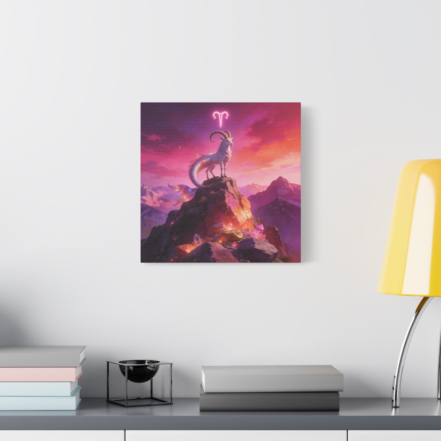 Aries Zodiac Mermaid Goat Canvas Wall Art - Fantasy Mountain Crystal Scene - Pink Purple Celestial Illustration - Modern Mystical Decor, Bedroom Home Decoration, Office Wall Art - Ready to Hang