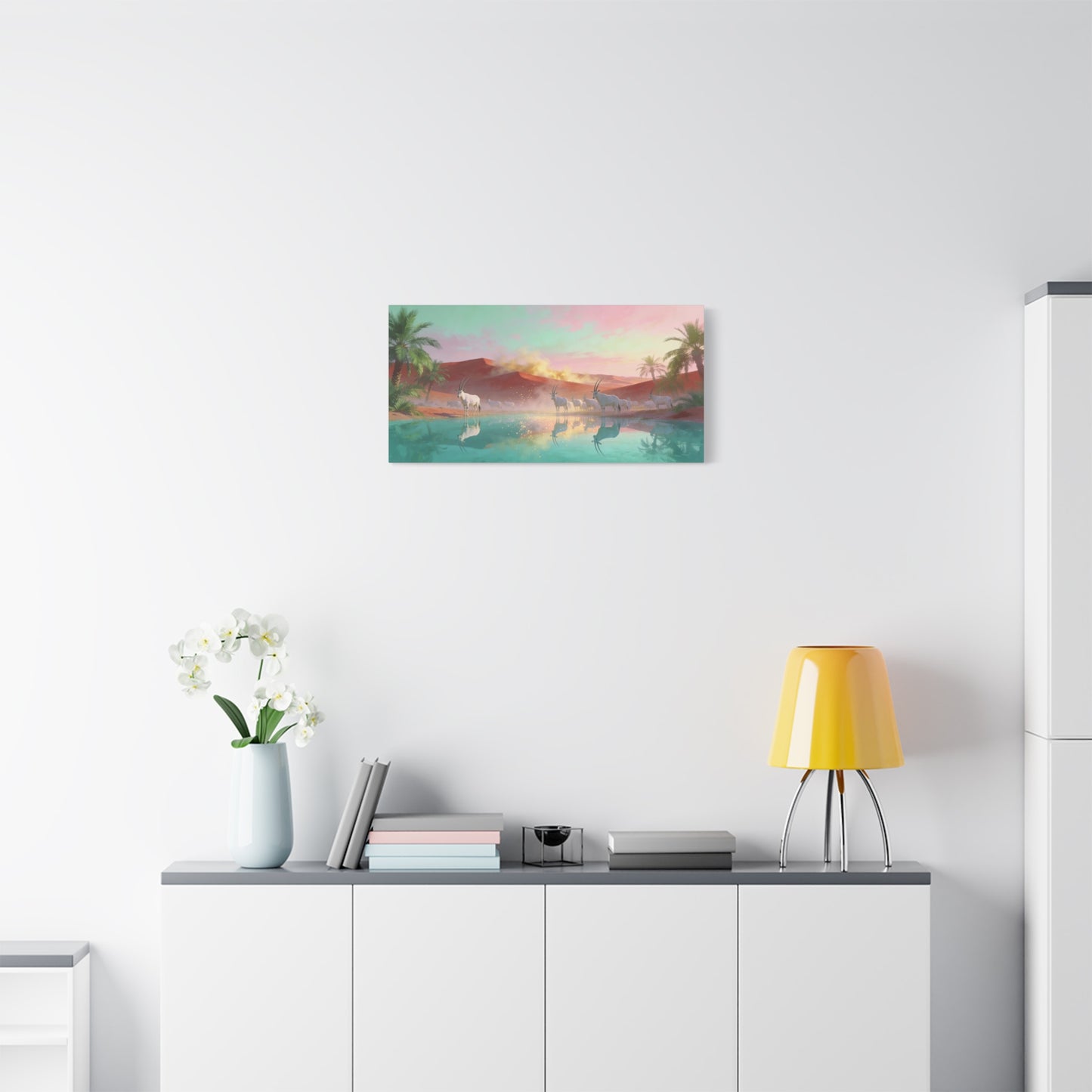 Desert Oasis Oryx Canvas Wall Art - Antelope Lake Reflection, Palm Dunes - Dreamy Surreal Cotton Print - Contemporary Landscape Style - Living Room Wall Decor, Bedroom Accent - Bedroom Home Decoration
