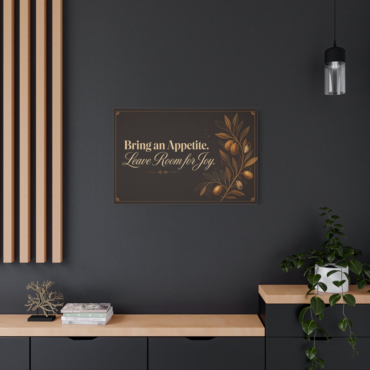 "Bring An Appetite. Leave Room For Joy." Typography Canvas Wall Art - Olive Branch Kitchen Decor - Vintage Dark Brown And Gold Quote Print - Dining Room Home Decoration - Bedroom Home Decoration