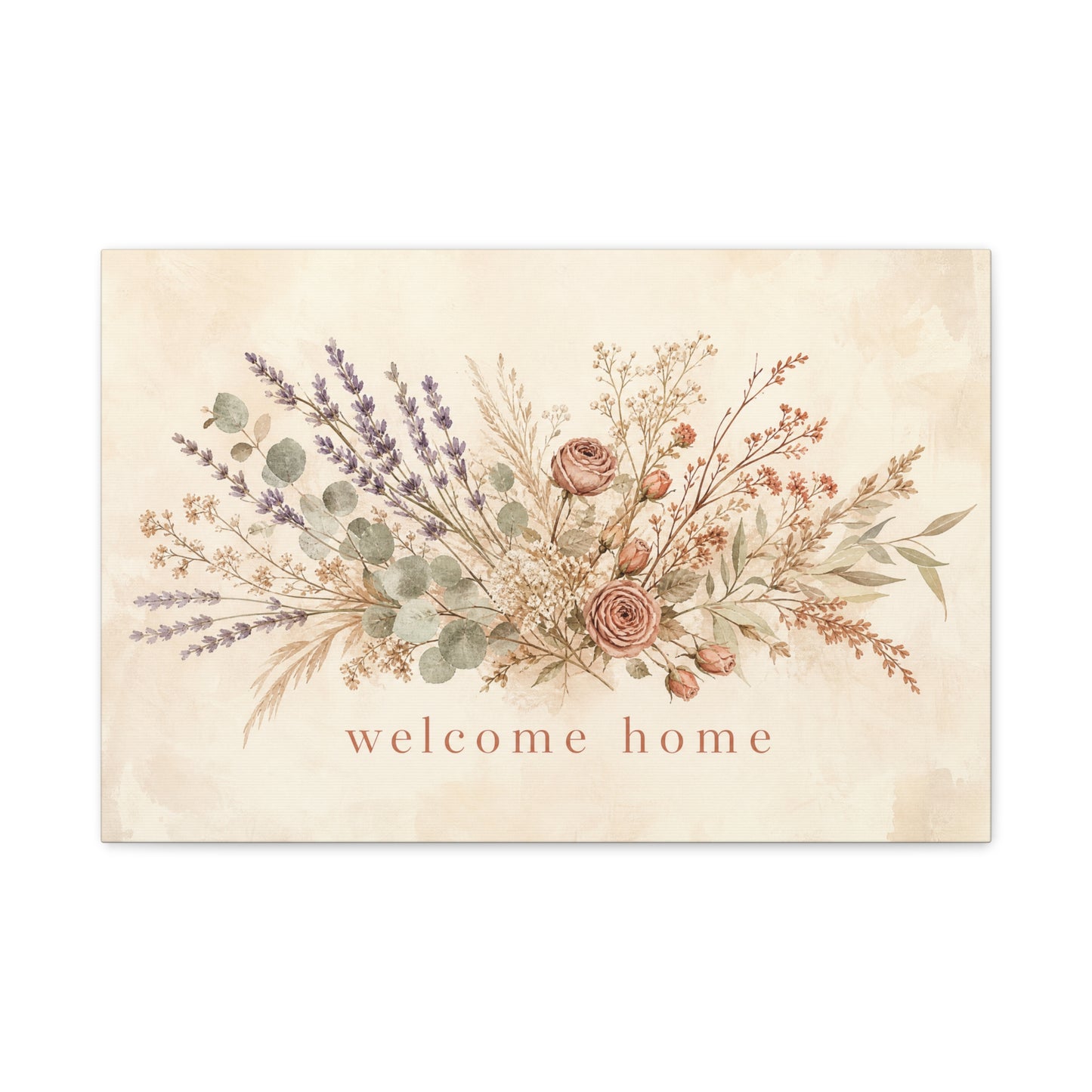 "Welcome Home" Floral Canvas Wall Art - Rustic Botanical Bouquet, Lavender Rose Eucalyptus Print - Farmhouse Wall Decor, Entryway Home Decoration - Ready to Hang - Modern Farmhouse Style