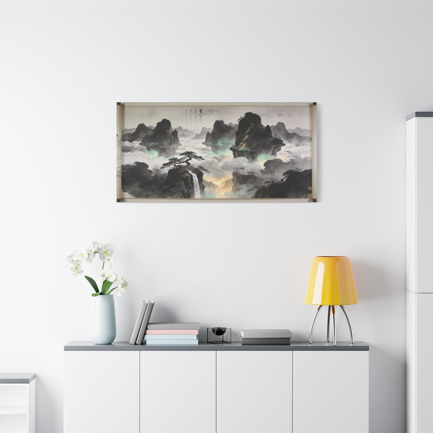Chinese Ink Landscape Canvas Wall Art - Misty Mountain Scroll Painting, Cloud Sea Waterfall, Calligraphy Detail - Contemporary Zen Style - Living Room Wall Decor, Bedroom Home Accent - Ready to Hang