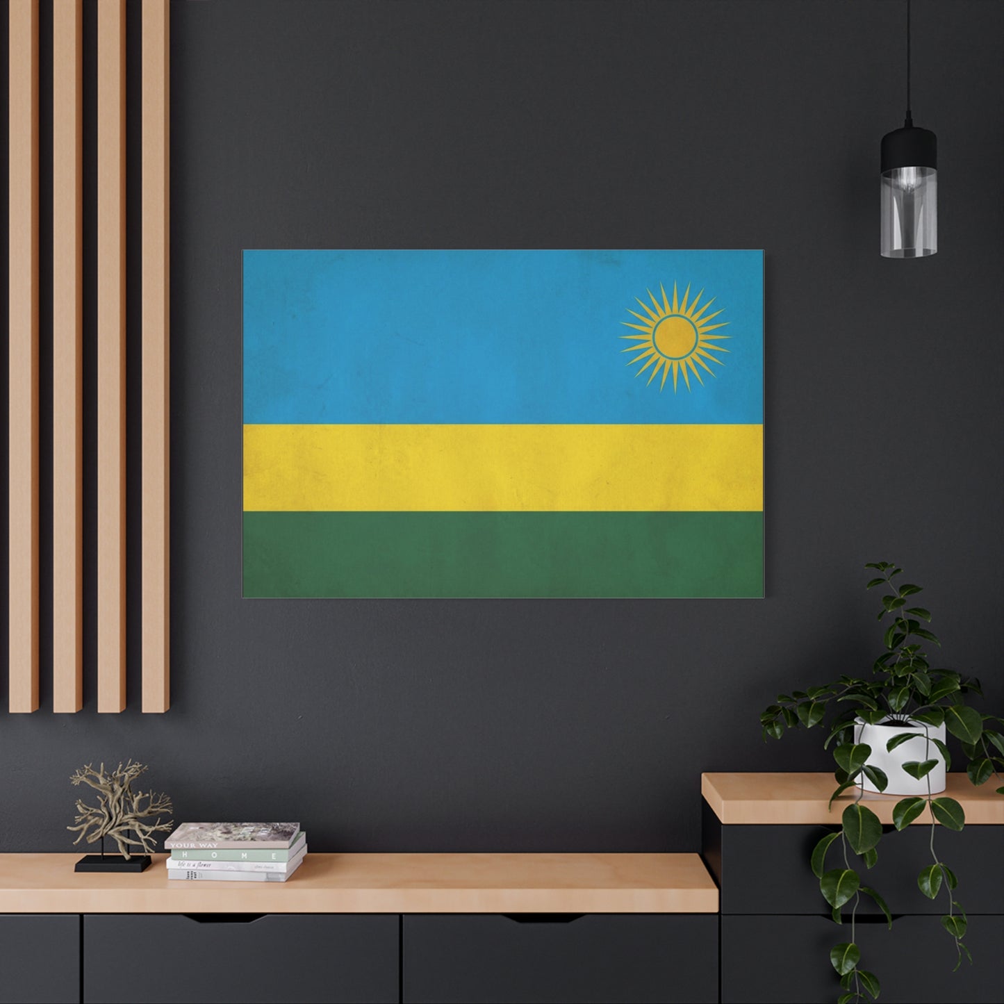 Rwanda Flag Canvas Wall Art - Blue Yellow Green National Banner Print, Sun Emblem Country Pride Decor - Vintage Style Wall Decor - Bedroom Home Decoration - Bedroom Home Decoration - Ready to Hang