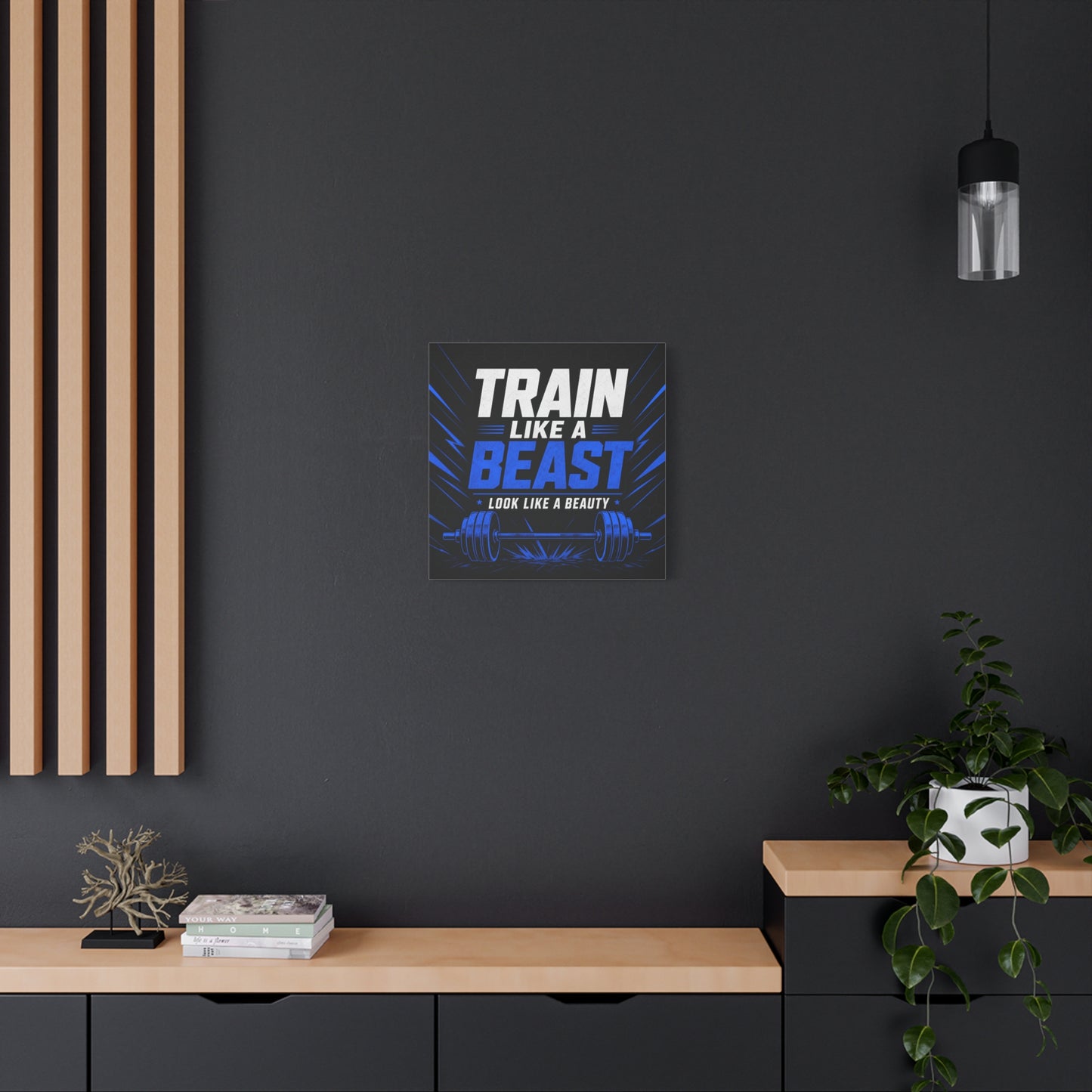"Train Like A Beast Look Like A Beauty" Gym Canvas Wall Art - Blue Black Barbell Typography Motivational Fitness Decor - Modern Sports Quote Print - Ready to Hang - Living Room Wall Decor