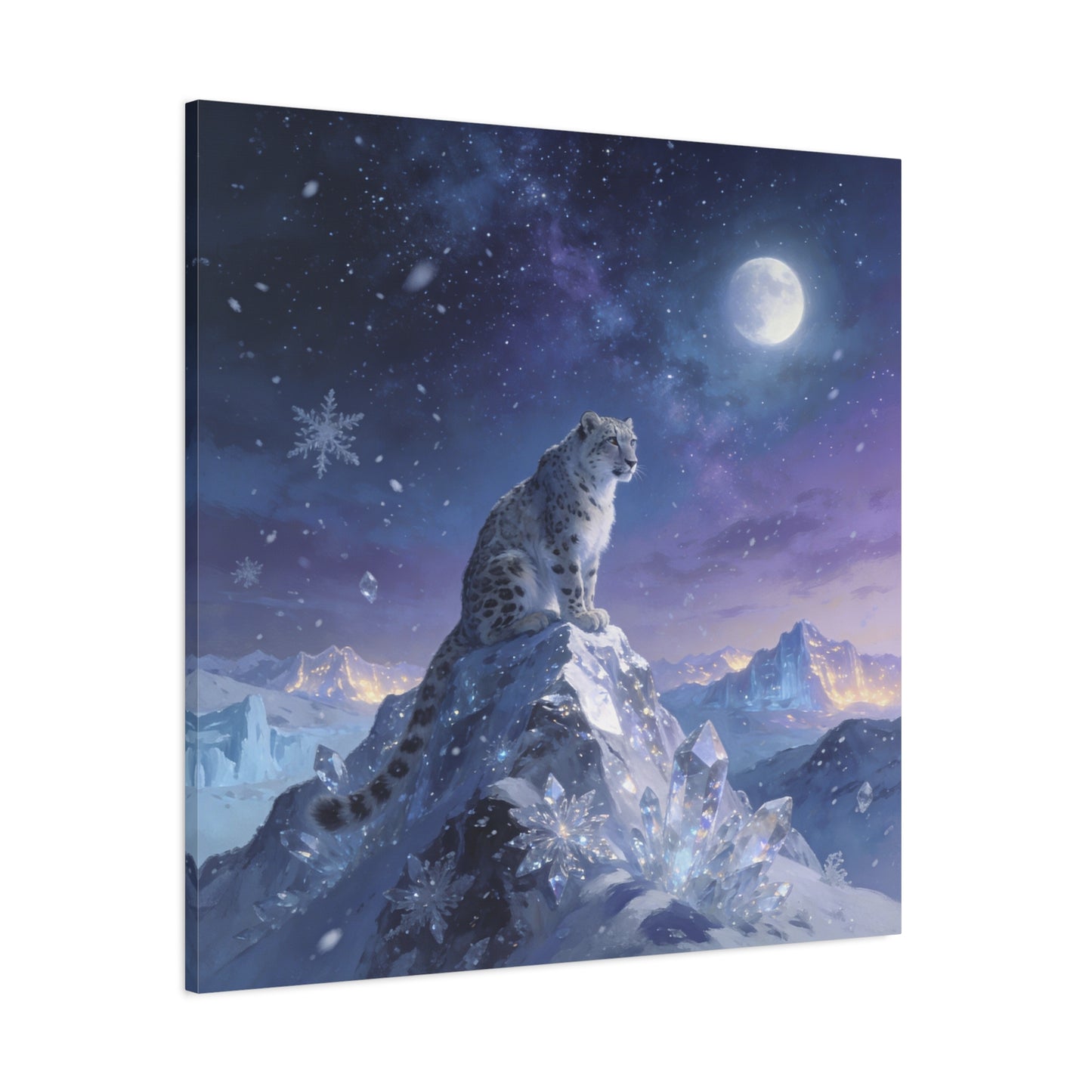 Snow Leopard Canvas Wall Art - Moonlit Arctic Crystal Landscape, Fantasy Wildlife Print - Matte Cotton Canvas - Contemporary Winter Style - Living Room Wall Decor Bedroom Home Decoration