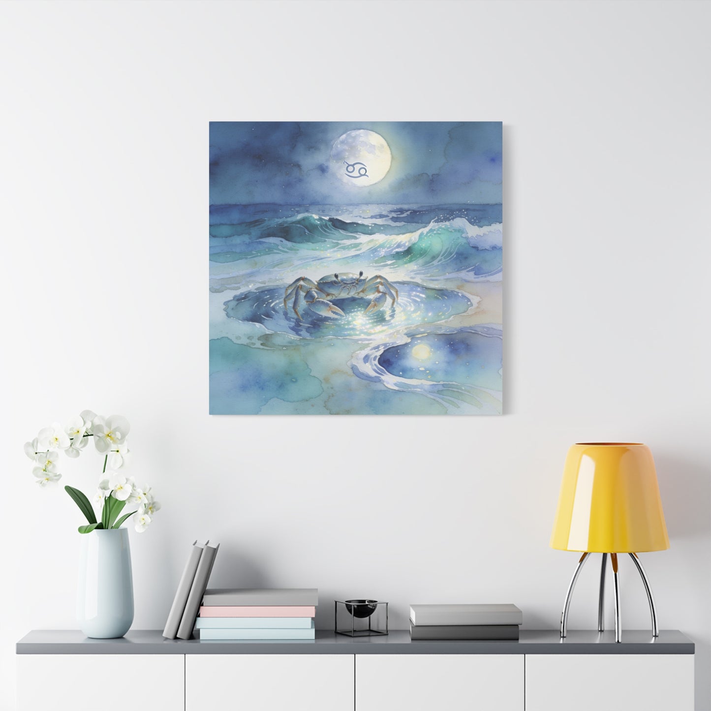 Cancer Zodiac Canvas Wall Art - Moonlit Ocean Crab Watercolor Print, Coastal Astrology Decor - Serene Blue Seascape - Bedroom Wall Decor, Meditation Space Accent, Bohemian Style - Ready to Hang