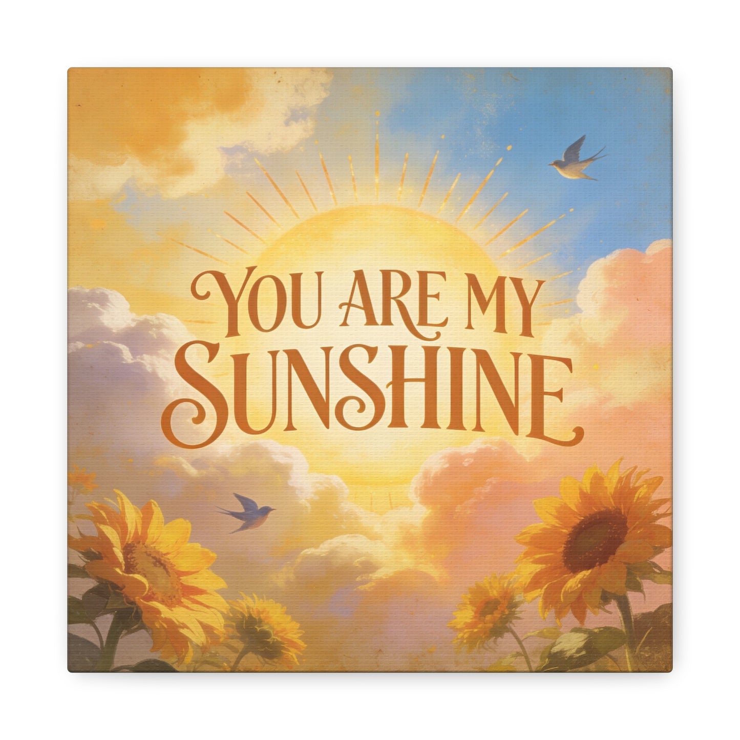 "You Are My Sunshine" Sunflower Canvas Wall Art - Vintage Typography Sky, Birds - Inspirational Farmhouse Style - Living Room Wall Decor, Bedroom Home Decoration, Office Art Accent - Ready to Hang