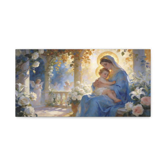 Virgin Mary And Baby Jesus Canvas Wall Art - Religious Madonna Lily Rose Painting - Traditional Blue Gold Sacred Nursery Style - Bedroom Wall Decor, Christian Home Accent - Bedroom Home Decoration